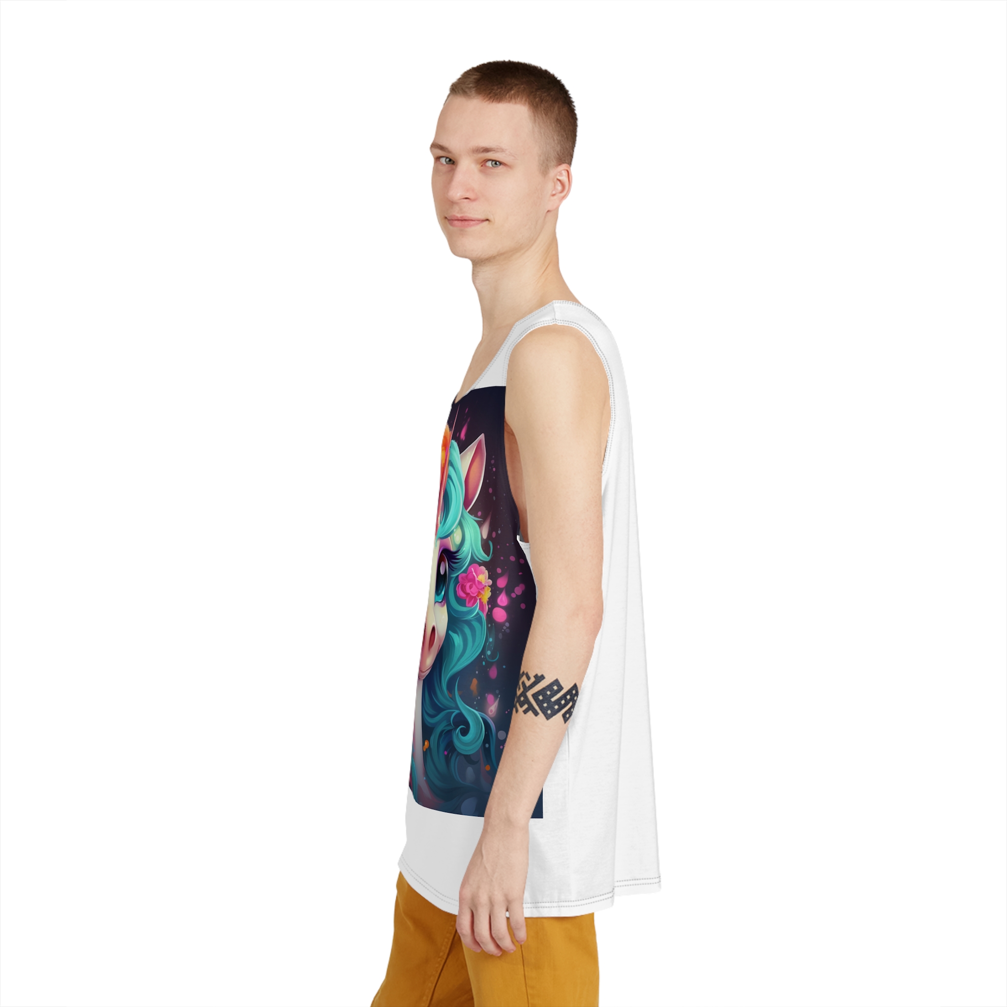 There Is Cartoon Unicorn With Long Mane Colorful Hair Generative Ai Mens Tank Aop