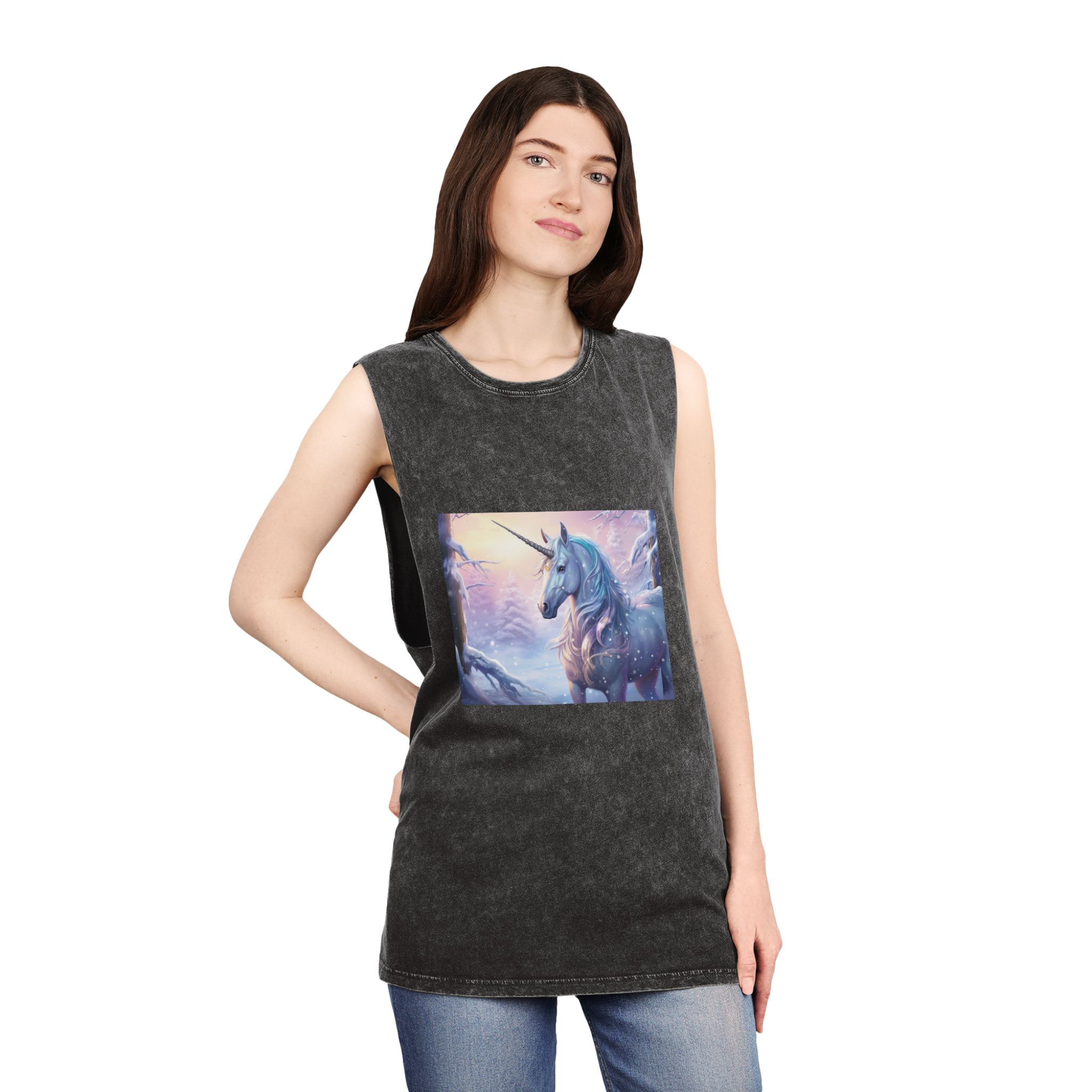 Unicorn Snow With Pink Sky Background Generative Ai Unisex Stonewash Tank Top - Image 4