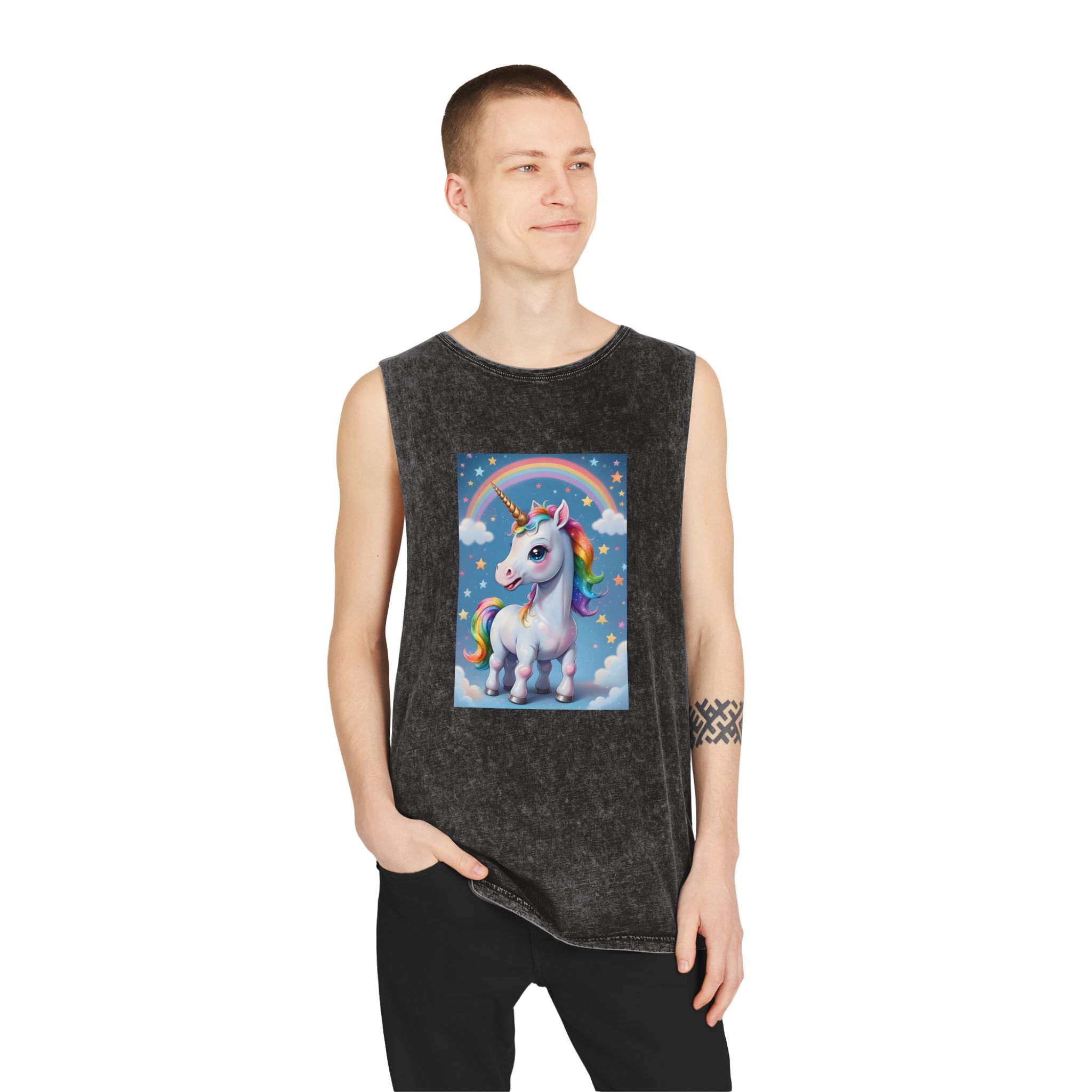 Happy Unicorn Background Sky Rainbow Copy Unisex Stonewash Tank Top - Image 3
