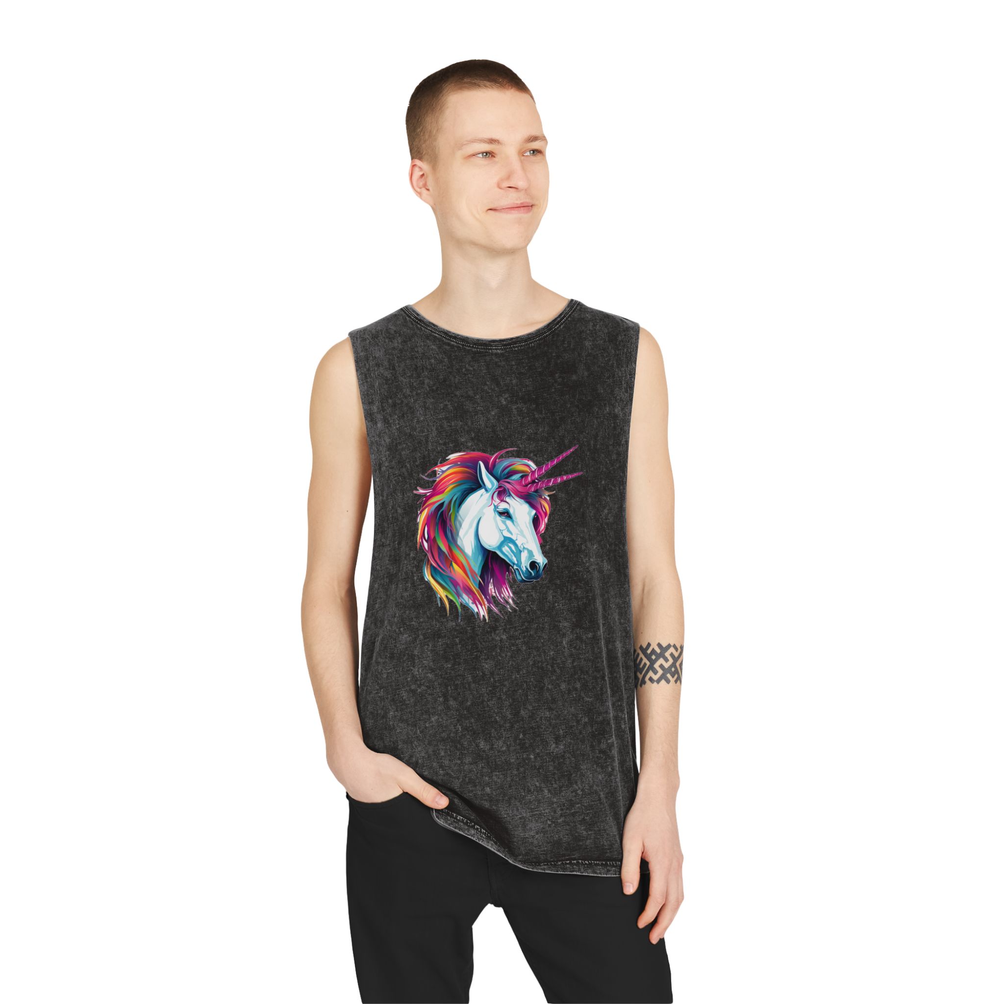 Close Up Unicorns Head With Colorful Mane Generative Ai Copy Unisex Stonewash Tank Top - Image 3