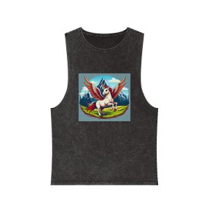 Cartoon Unicorn With Rainbow Wings Top Mountain Background Generative Ai Unisex Stonewash Tank Top