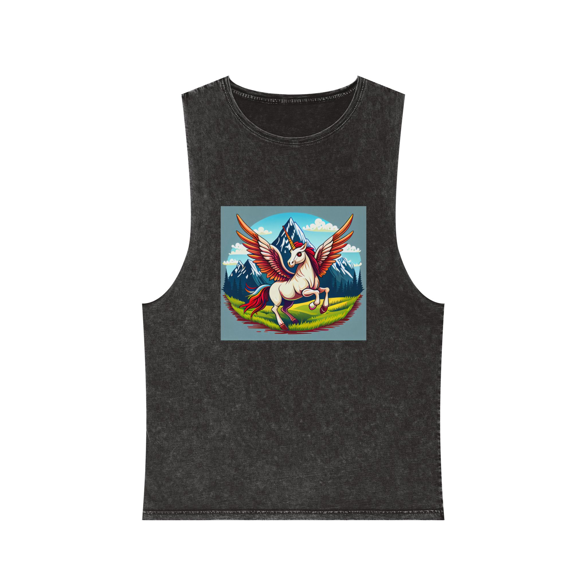 Cartoon Unicorn With Rainbow Wings Top Mountain Background Generative Ai Unisex Stonewash Tank Top