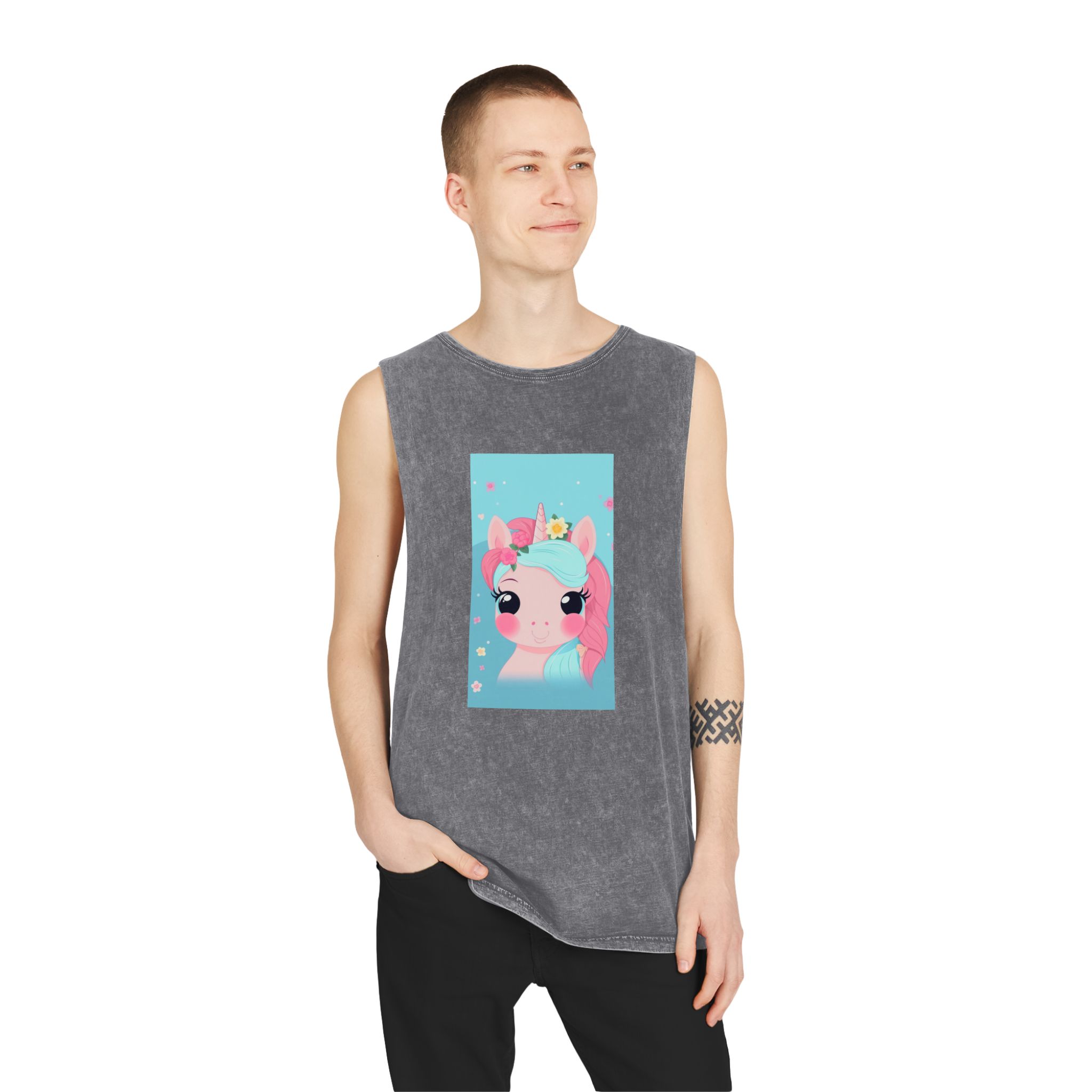 Close Up Cartoon Unicorn With Flower Crown Her Head Generative Ai Unisex Stonewash Tank Top - Image 11