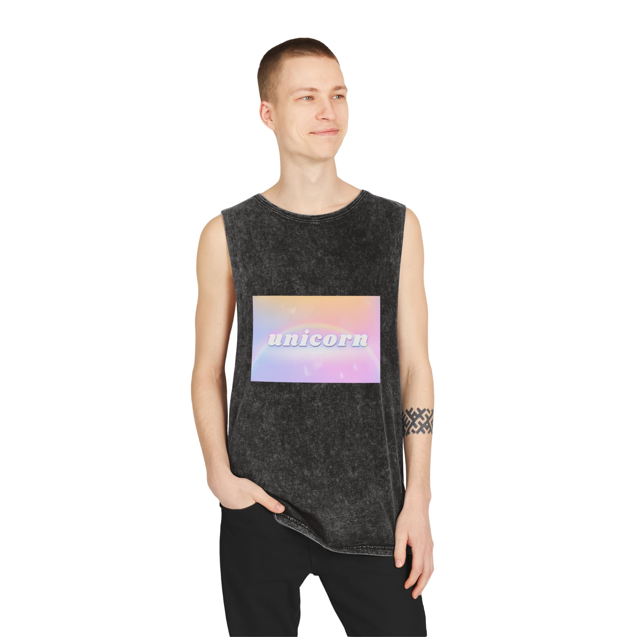 Unicorn Aesthetic Typography Colorful Glowing Rainbow Font Unisex Stonewash Tank Top - Image 3