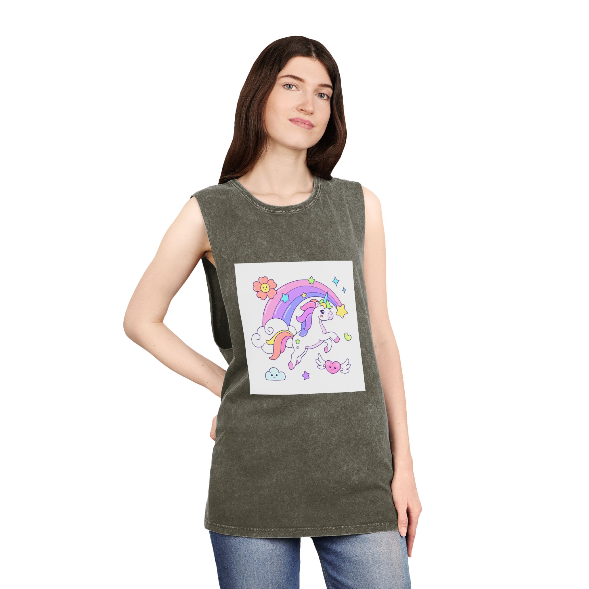 Cute Unicorn Flying Over the Rainbow Illustration Unisex Stonewash Tank Top - Image 8