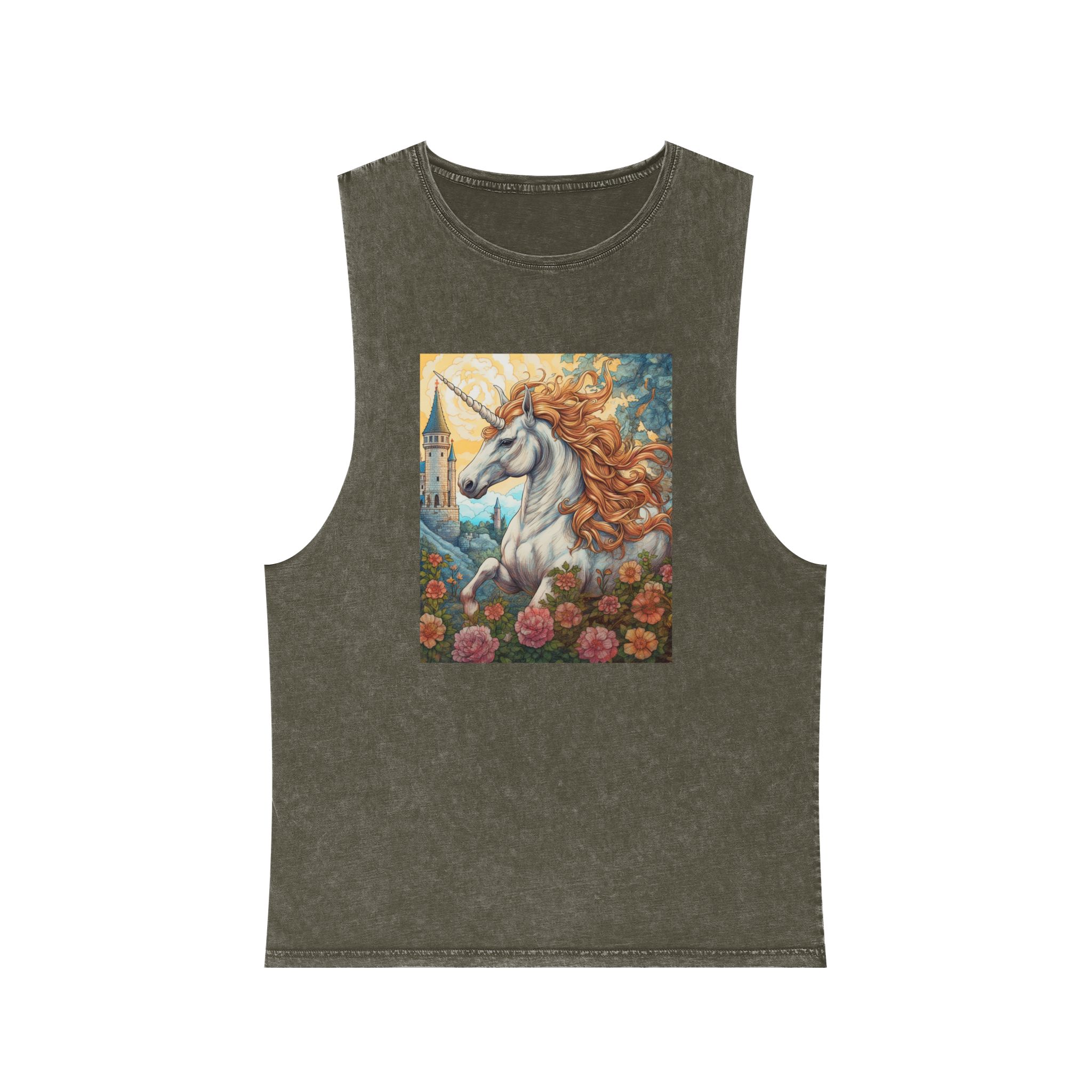 Painting Unicorn With Long Mane Castle Background Generative Ai Unisex Stonewash Tank Top - Image 5