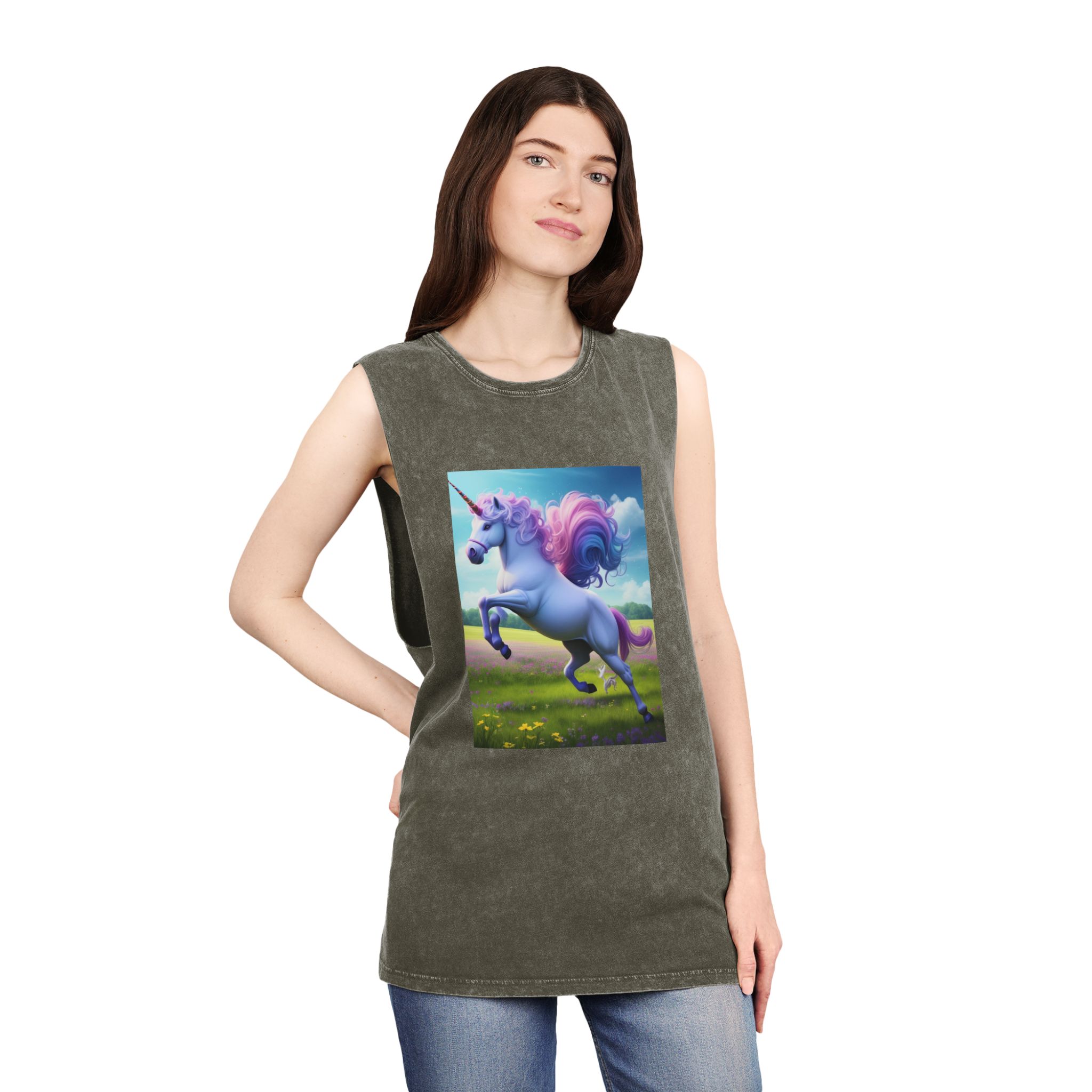 Beautiful Unicorn Running Magical Meadow Unicorn Background Images Whimsical Unicorn (26) Unisex Stonewash Tank Top - Image 8