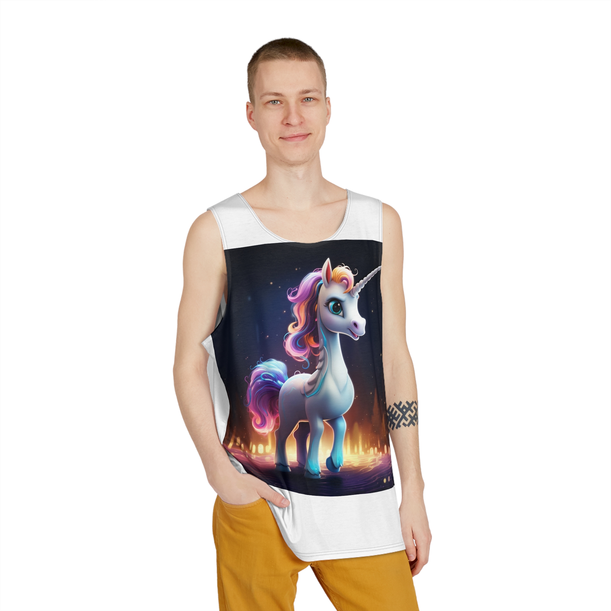 Unicorn Standing Wooden Platform With City Background Generative Ai Mens Tank Aop - Image 3