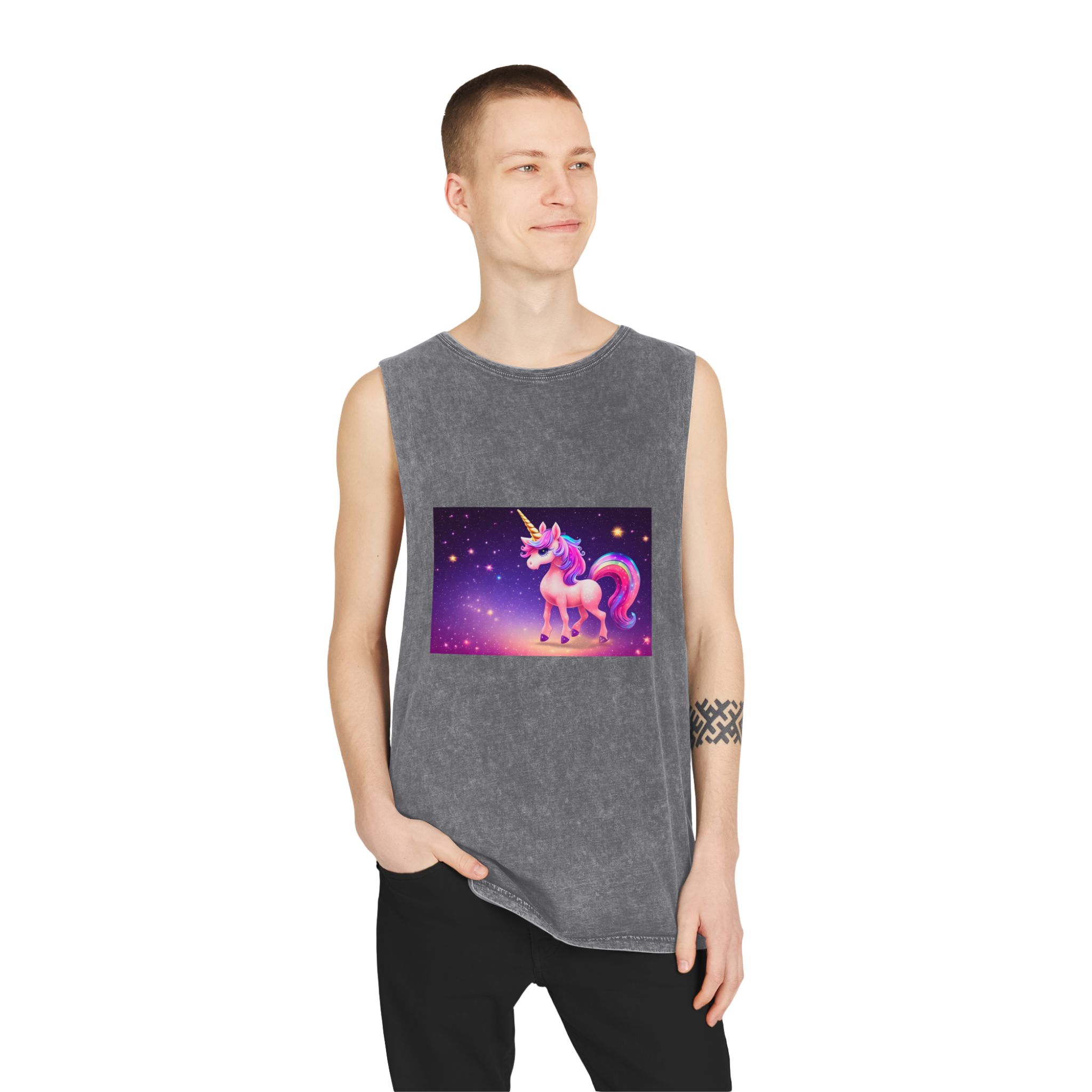 Cute Colorful Magical Adorable Kawaii Unicorn Sparles Violet Background Unisex Stonewash Tank Top - Image 11
