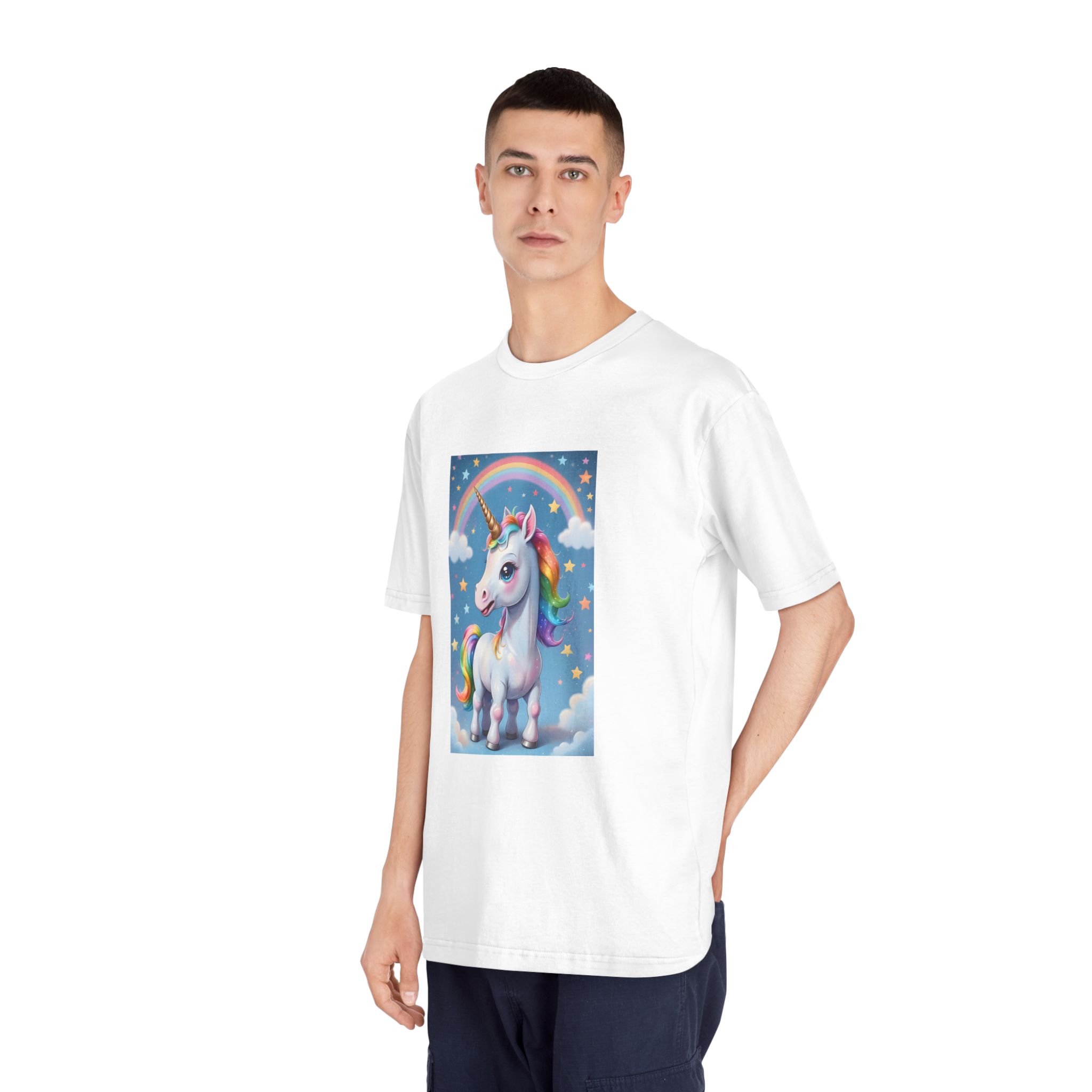 Happy Unicorn Background Sky Rainbow Copy Unisex Classic Crewneck T Shirt - Image 4