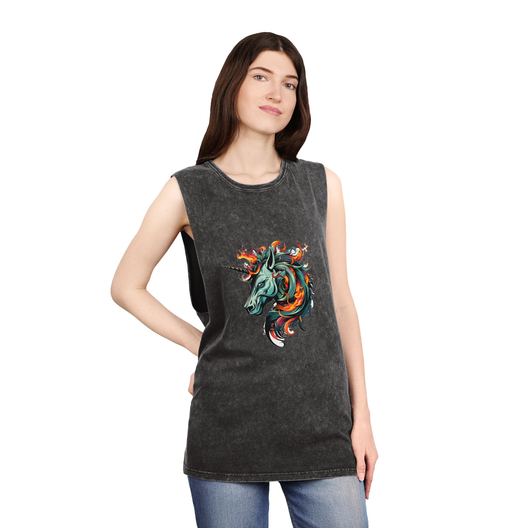 Unicorn Head Tshirt Tattoo Design Dark Art Illustration Isolated White (1) Unisex Stonewash Tank Top - Image 4