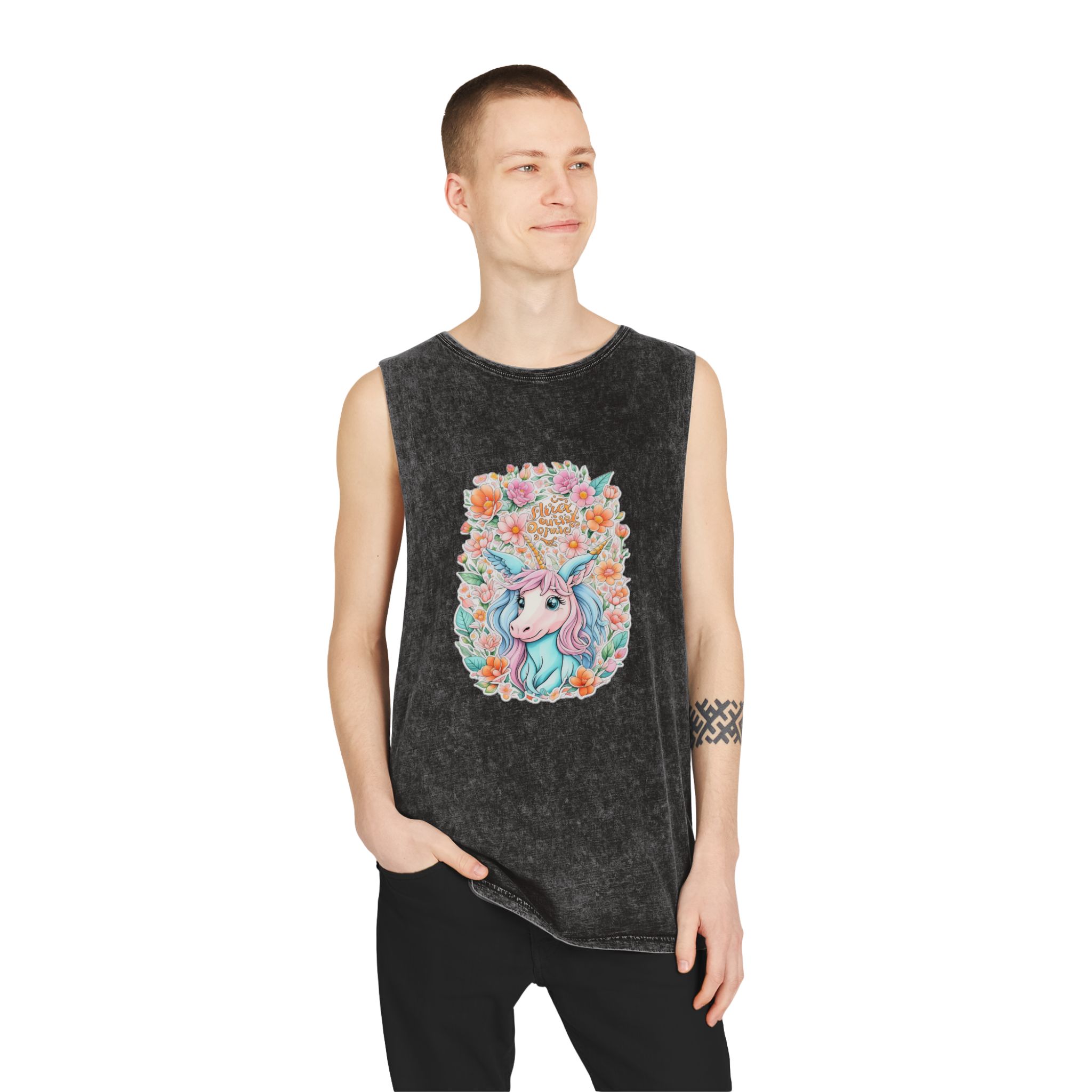 Beautiful Cute Unicorn With Colorful Fantasy Flowers (1) Unisex Stonewash Tank Top - Image 3