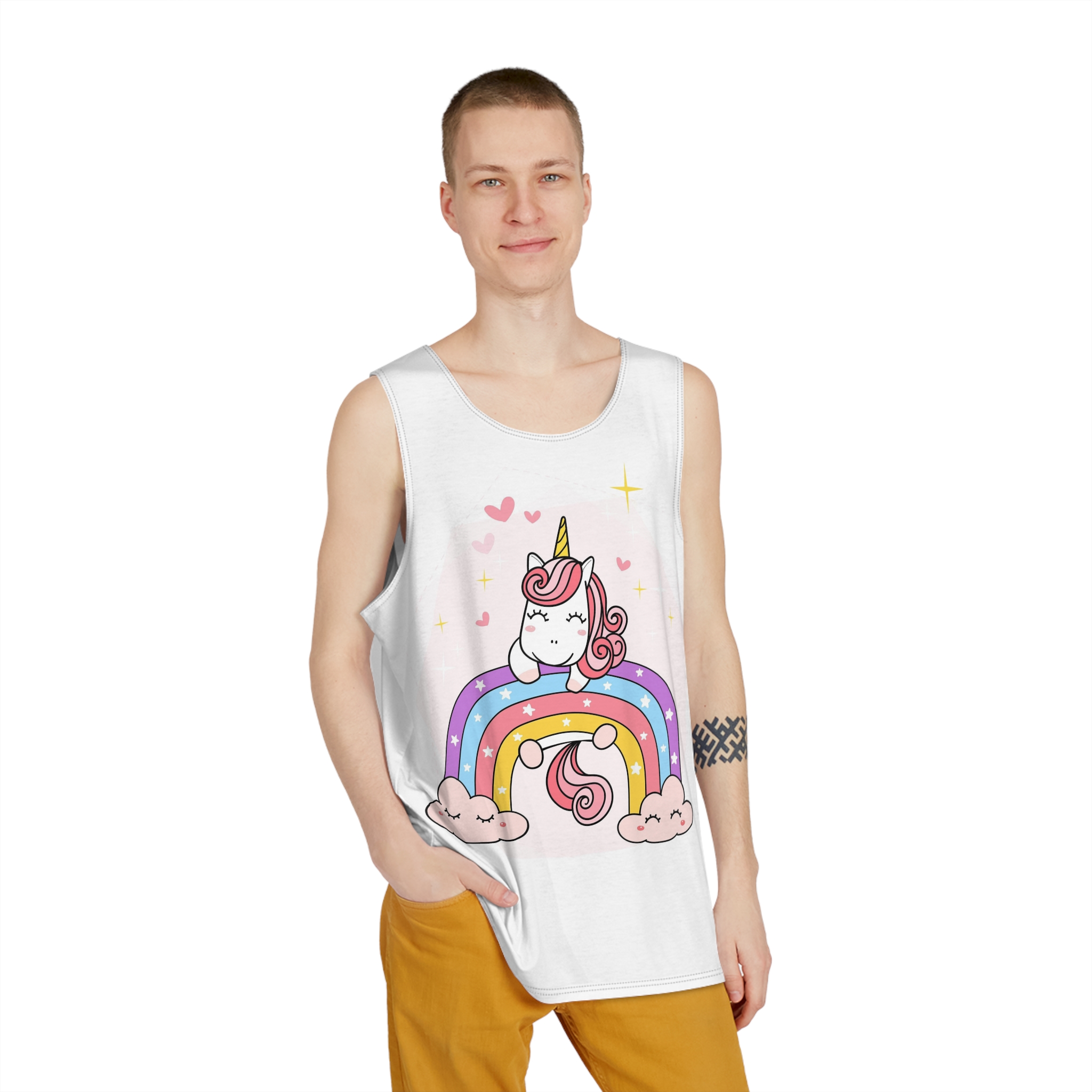 Cute Unicorn Magical Purple Rainbow Simple Doodle Outline Cartoon Illustration Mens Tank Aop - Image 3