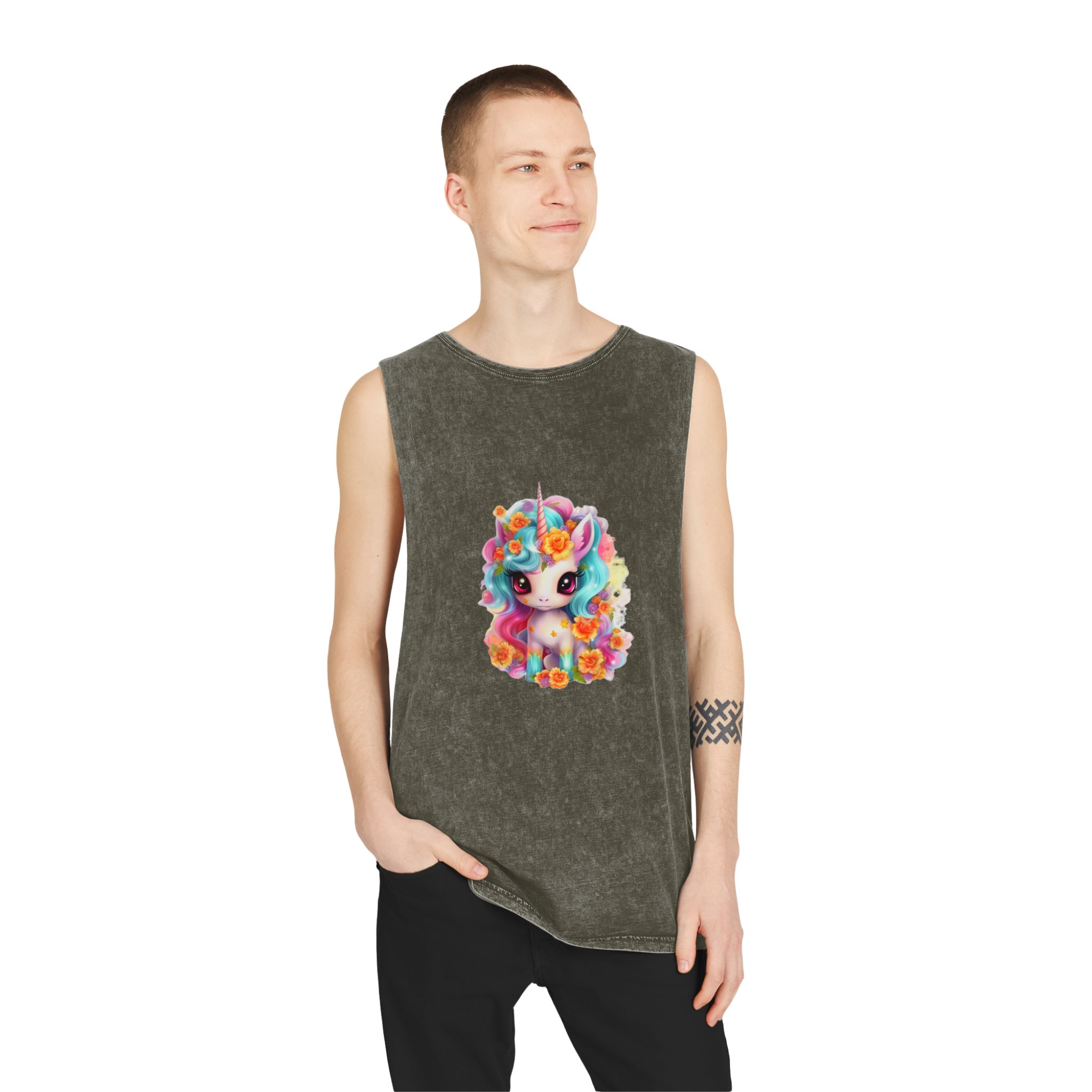 Illustration Unicorn Cartoon With Flower White Background Generative Ai (2) Unisex Stonewash Tank Top - Image 7