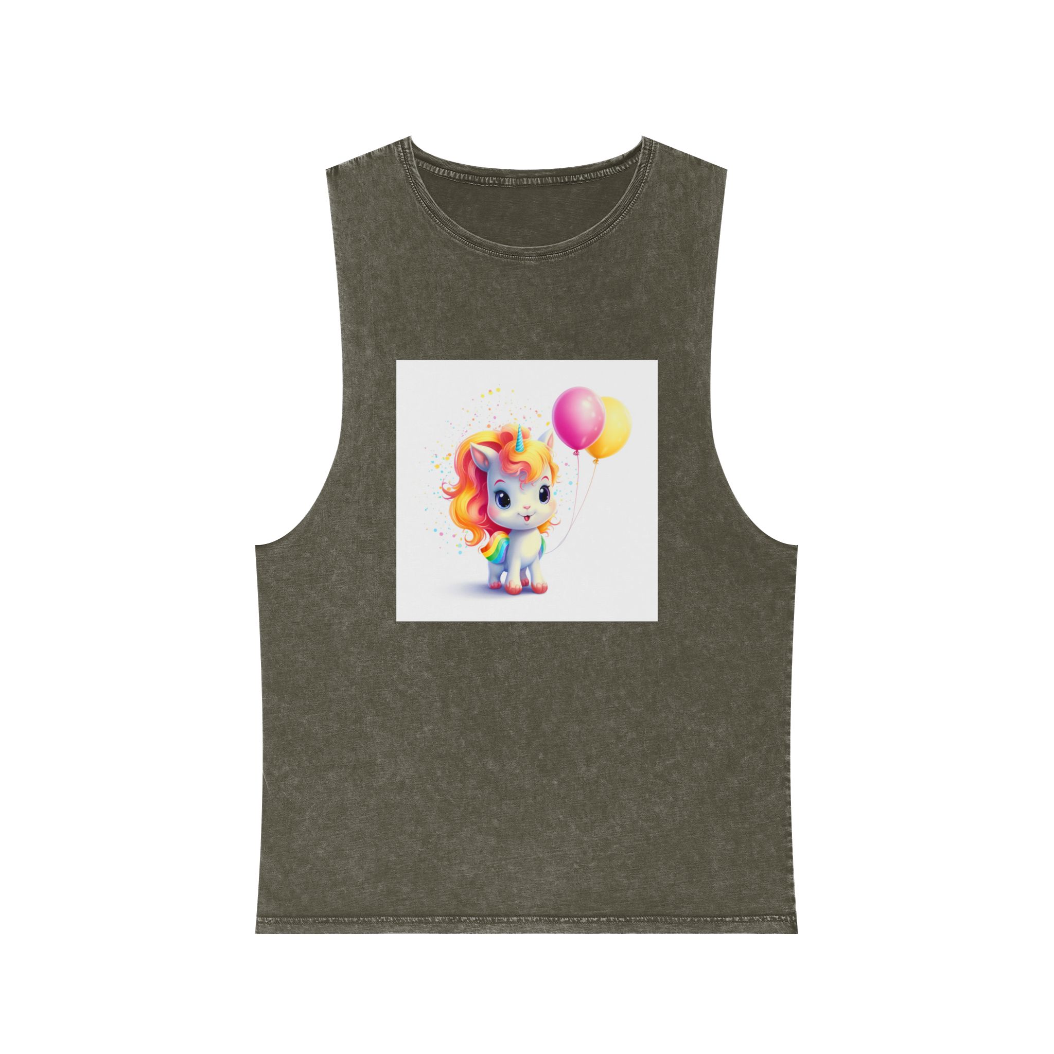 Cartoon Unicorn With Rainbow Mane Balloon Generative Ai (1) Unisex Stonewash Tank Top - Image 5
