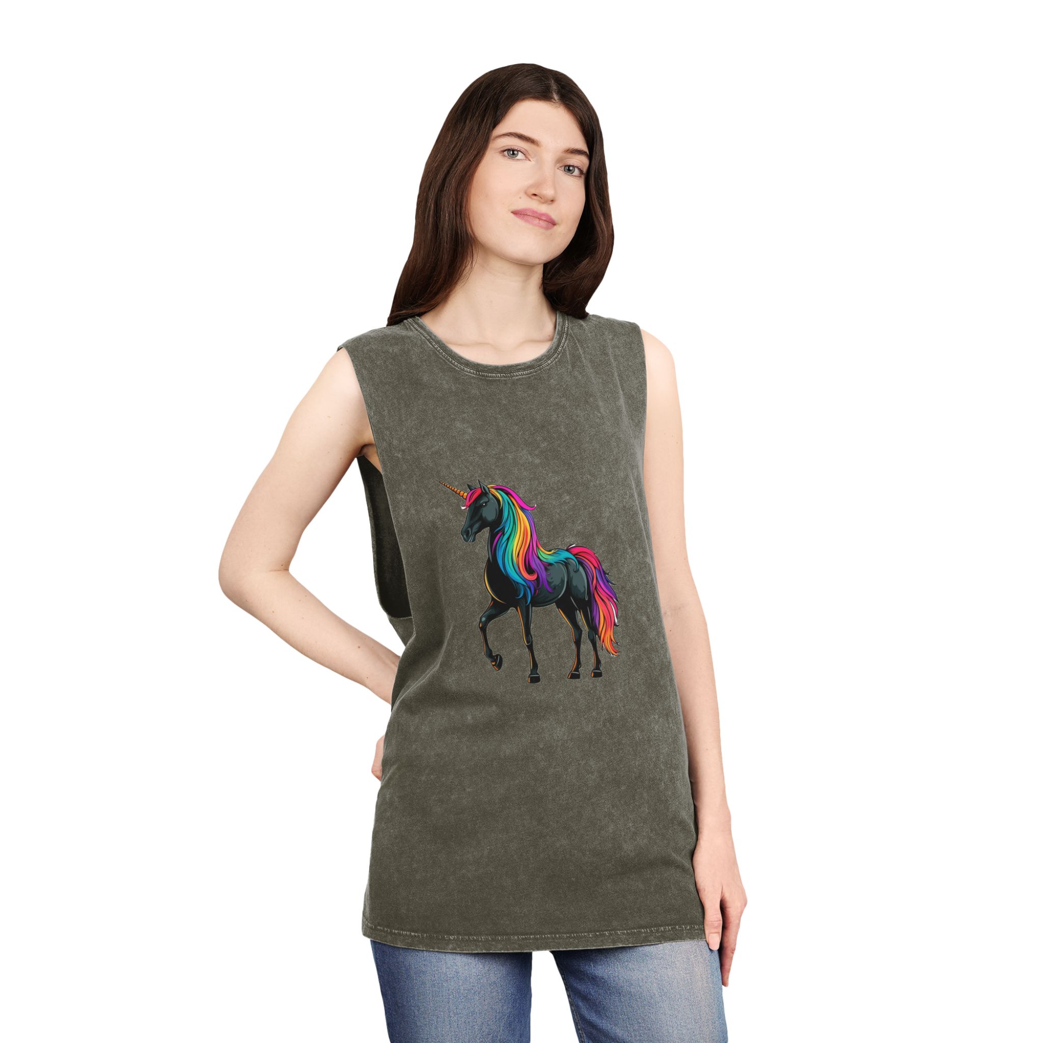 Cartoon Unicorn With Rainbow Mane Horn Generative Ai Unisex Stonewash Tank Top - Image 8