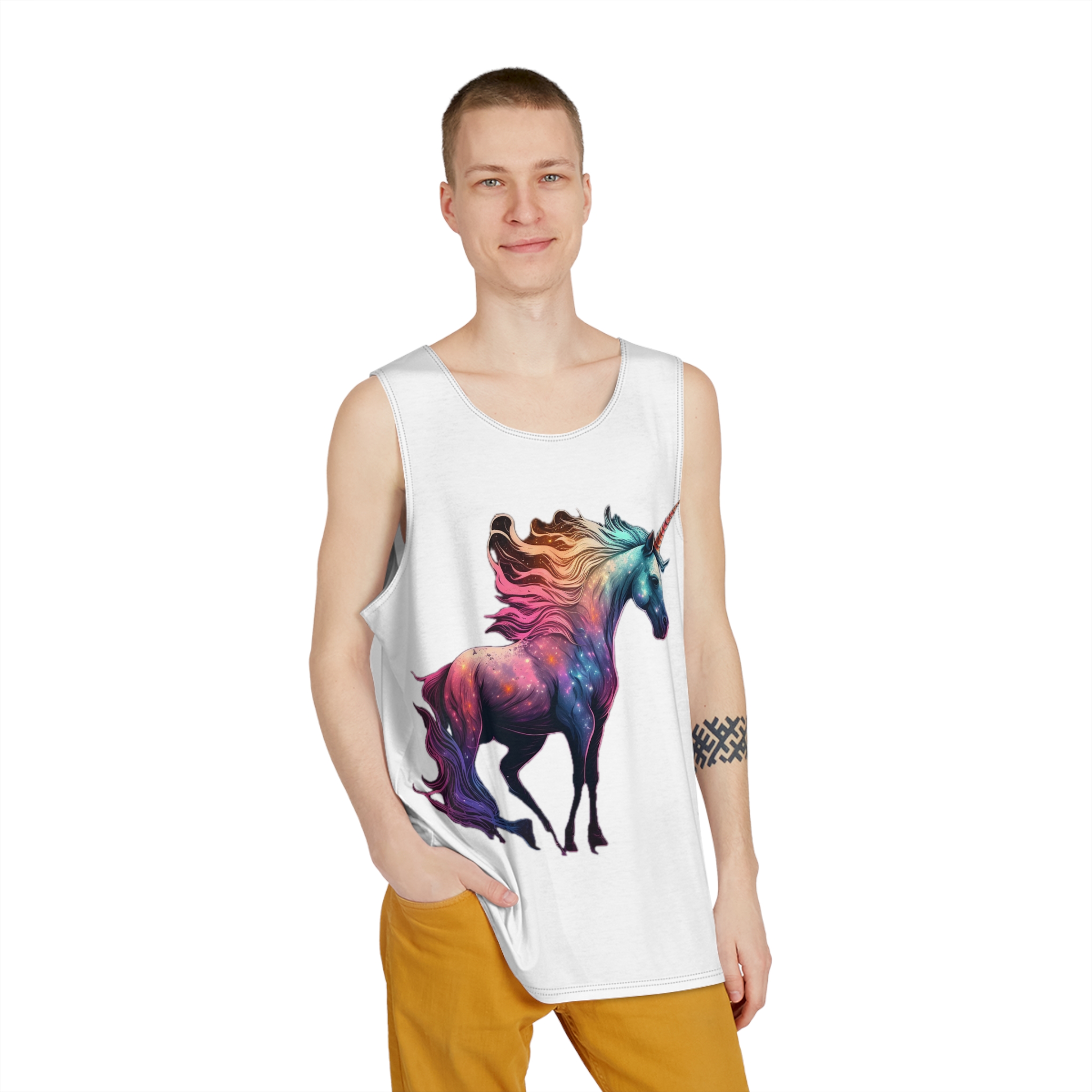 Unicorn With Colorful Mane Stars Background Generative Ai Mens Tank Aop - Image 3