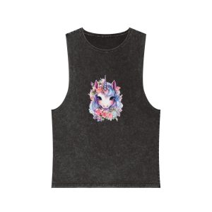 Cute Colorful Magic Unicorn With Flowers Watercolor Style (1) Copy Unisex Stonewash Tank Top