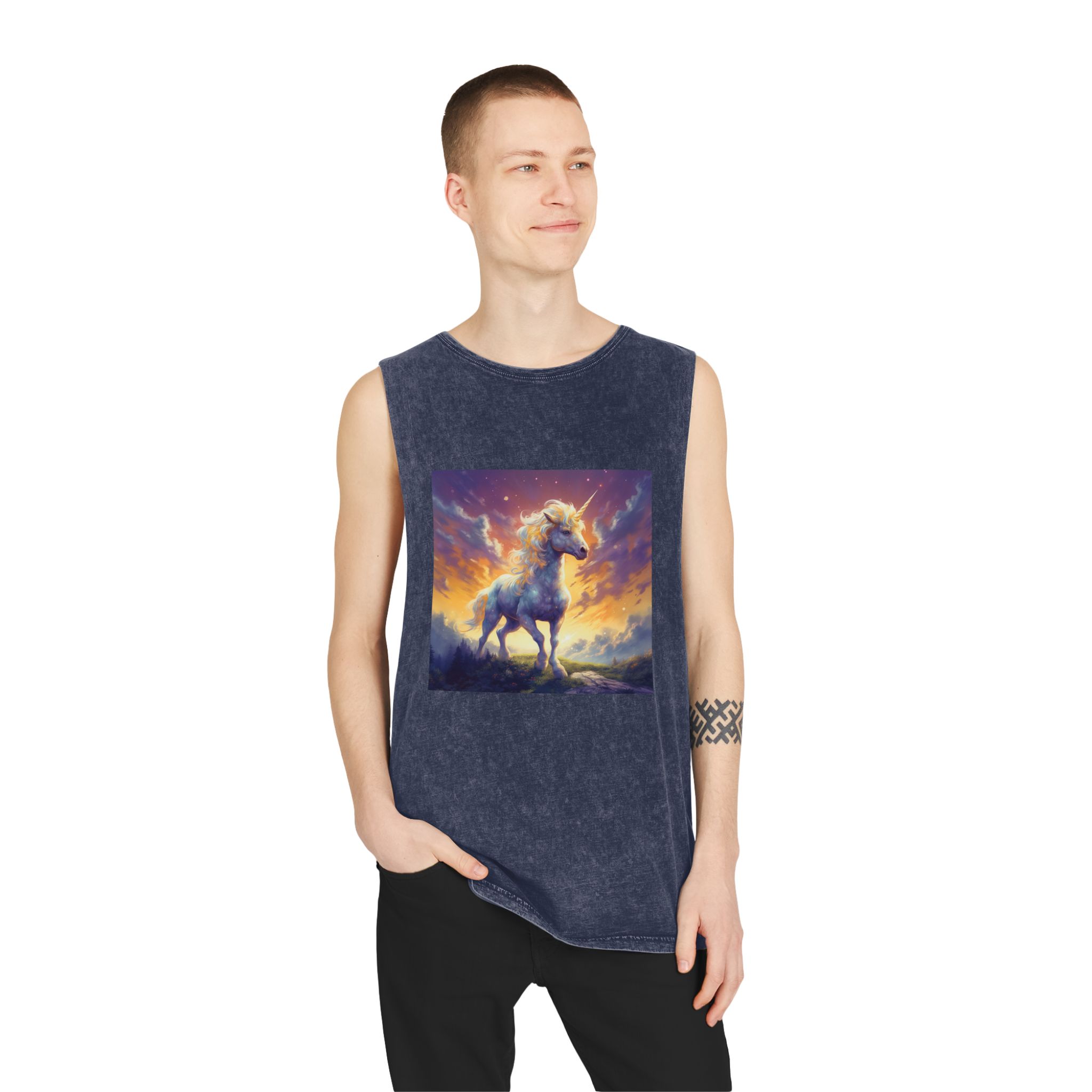 Painting Unicorn Standing Hill With Sunset Background Generative Ai (1) Unisex Stonewash Tank Top - Image 15