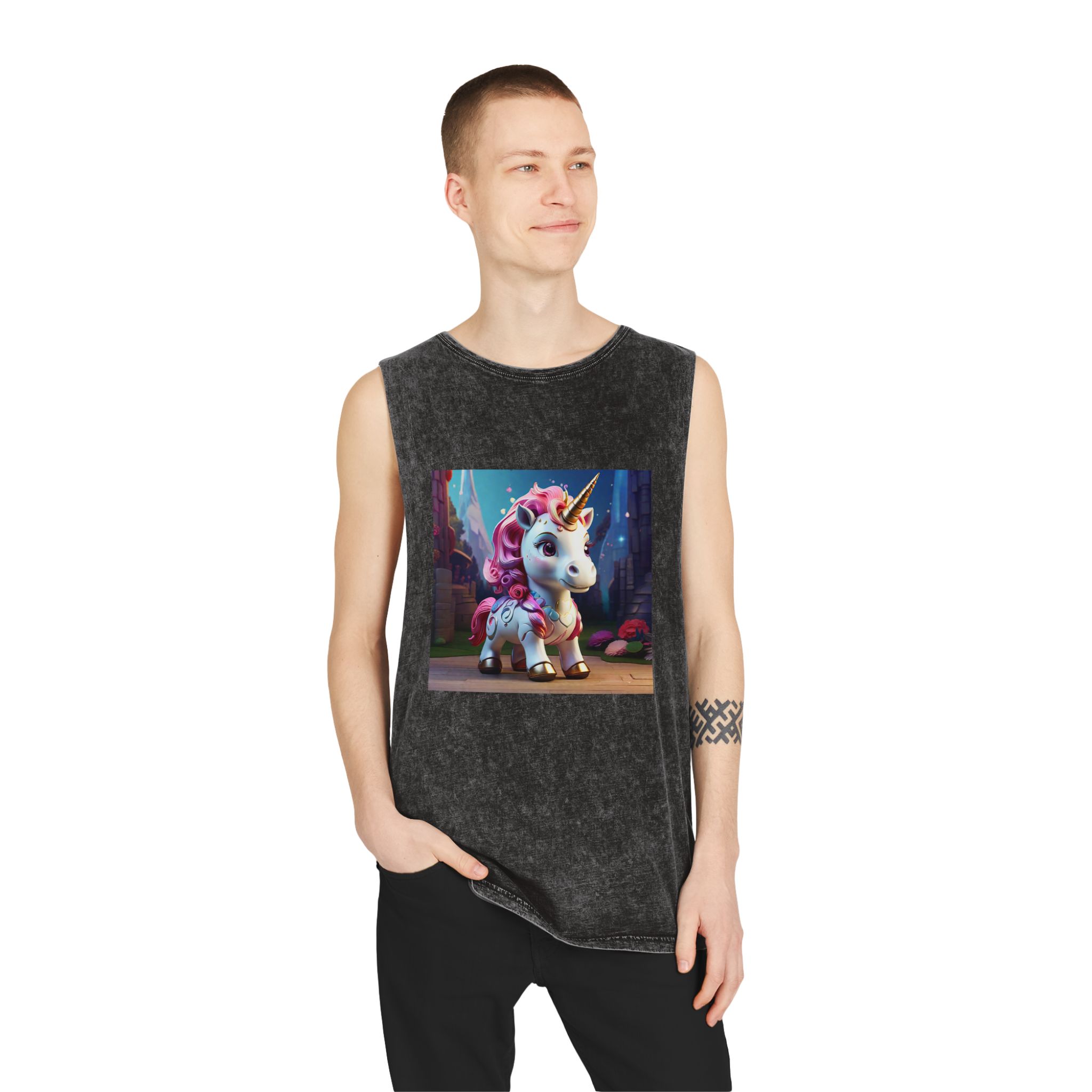 Animated Unicorn Children Generated By Ai (14) Unisex Stonewash Tank Top - Image 3