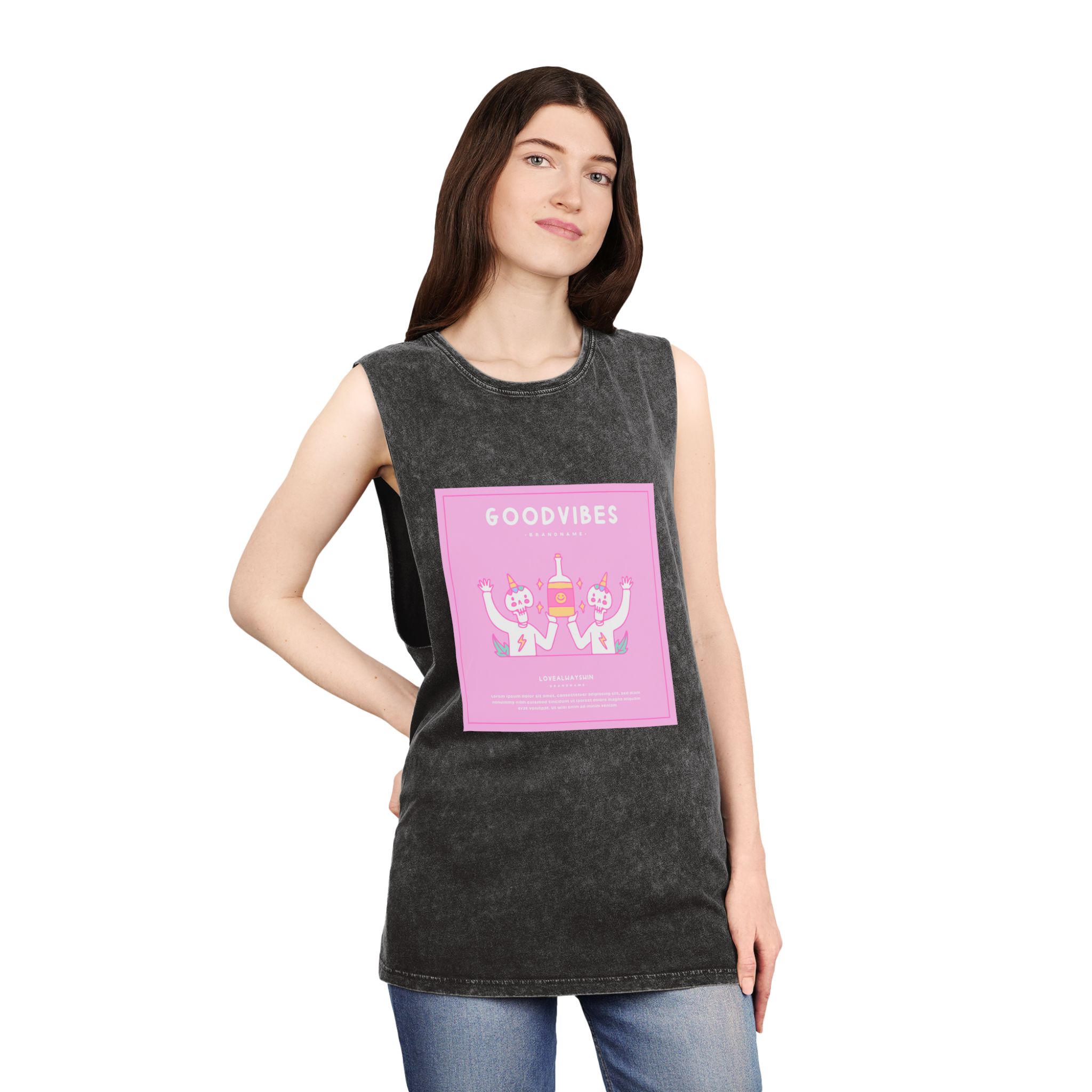 Cute Unicorn Skulls Holding Beer Bottle Illustration T Shirt Poster Unisex Stonewash Tank Top - Image 4