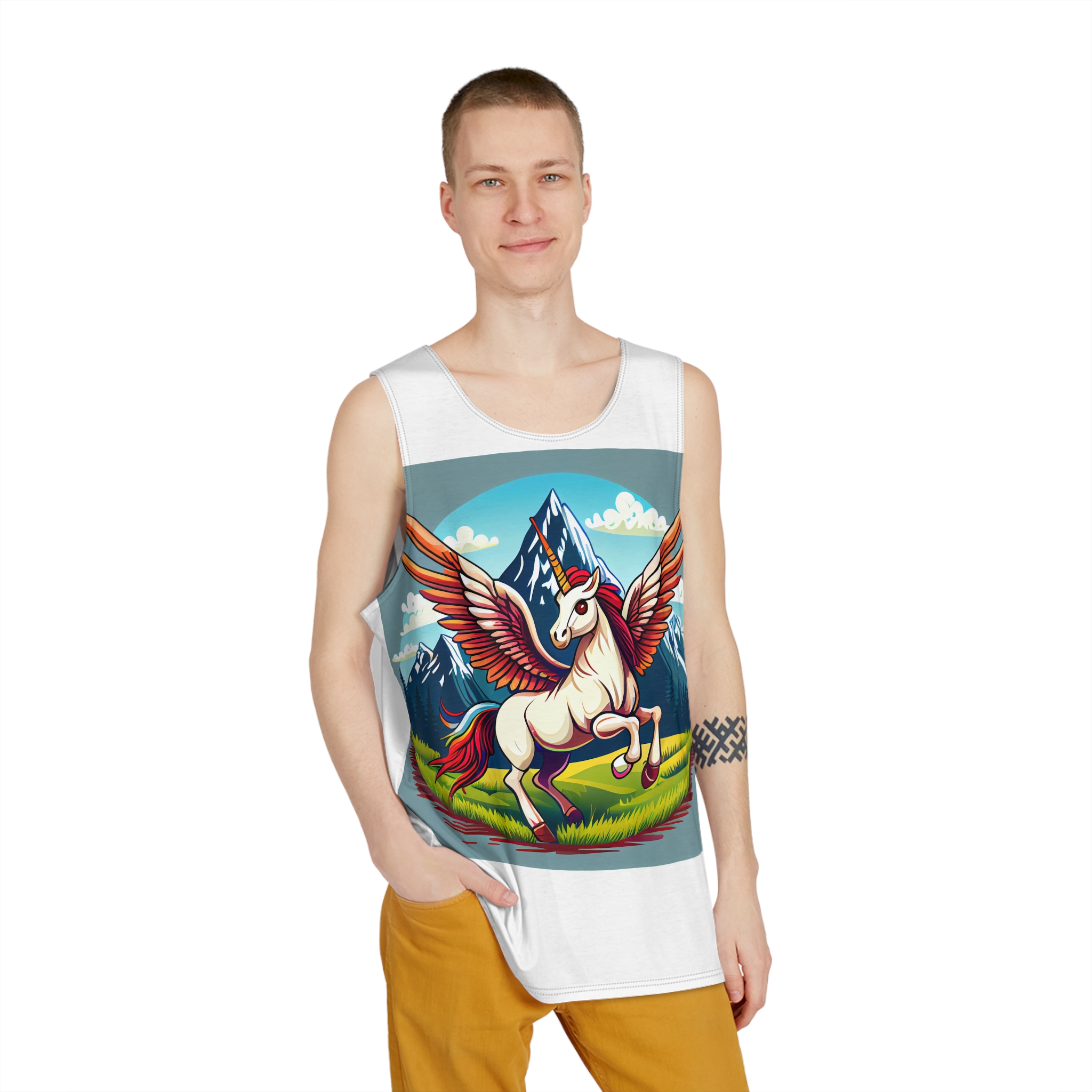 Cartoon Unicorn With Rainbow Wings Top Mountain Background Generative Ai Mens Tank Aop - Image 3