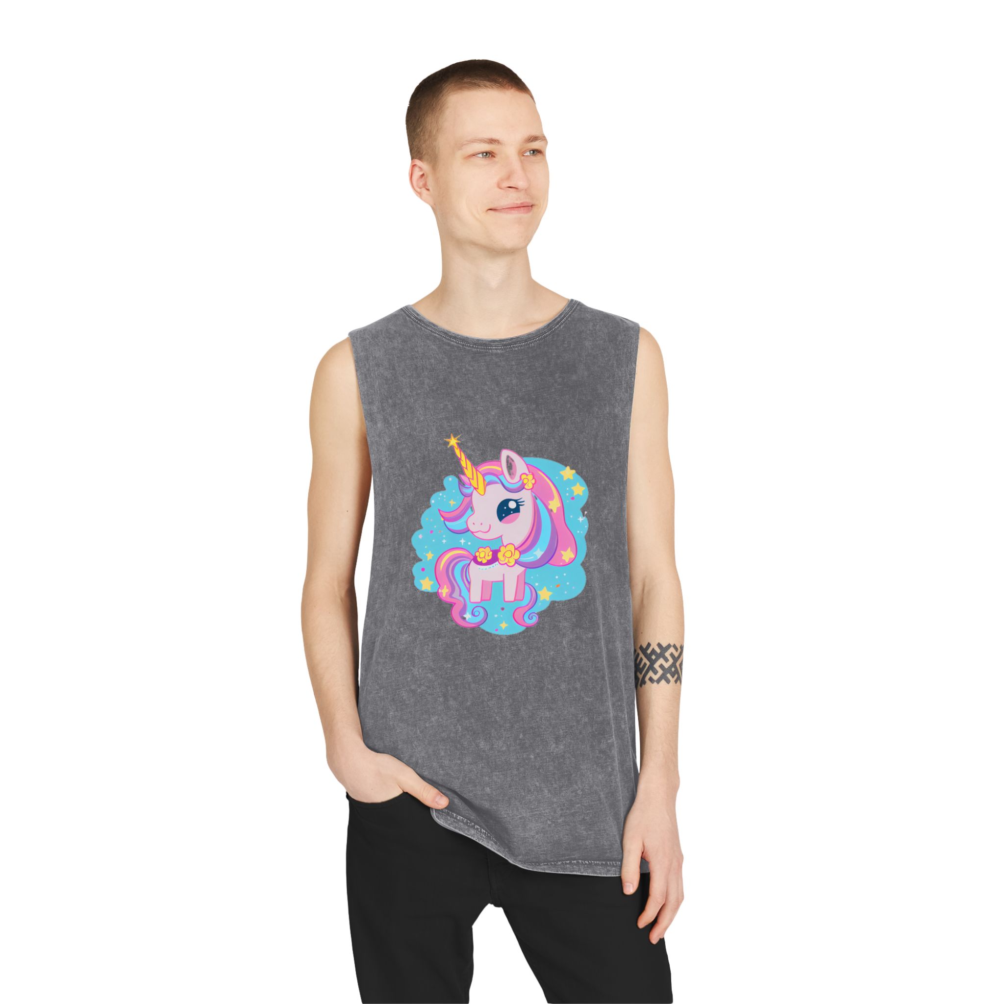 There Is Cartoon Unicorn With Bow Tie Stars Generative Ai Unisex Stonewash Tank Top - Image 11