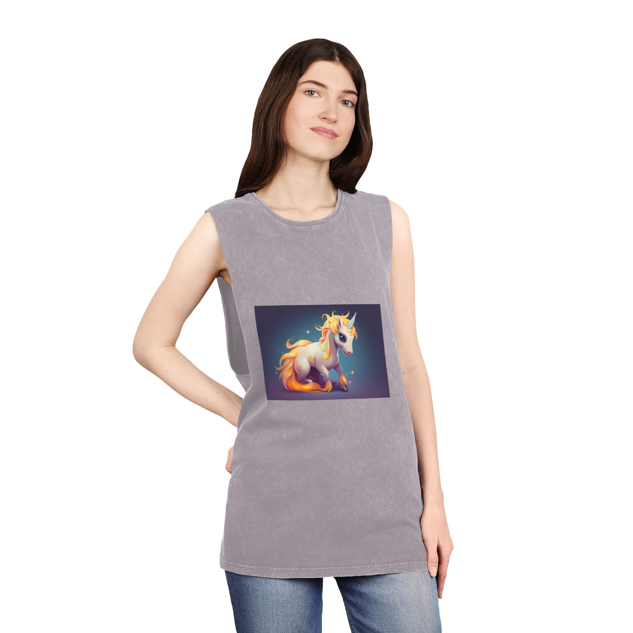 Cute Unicorn With Long Colorful Mane Dark Background Generative Ai Unisex Stonewash Tank Top - Image 20