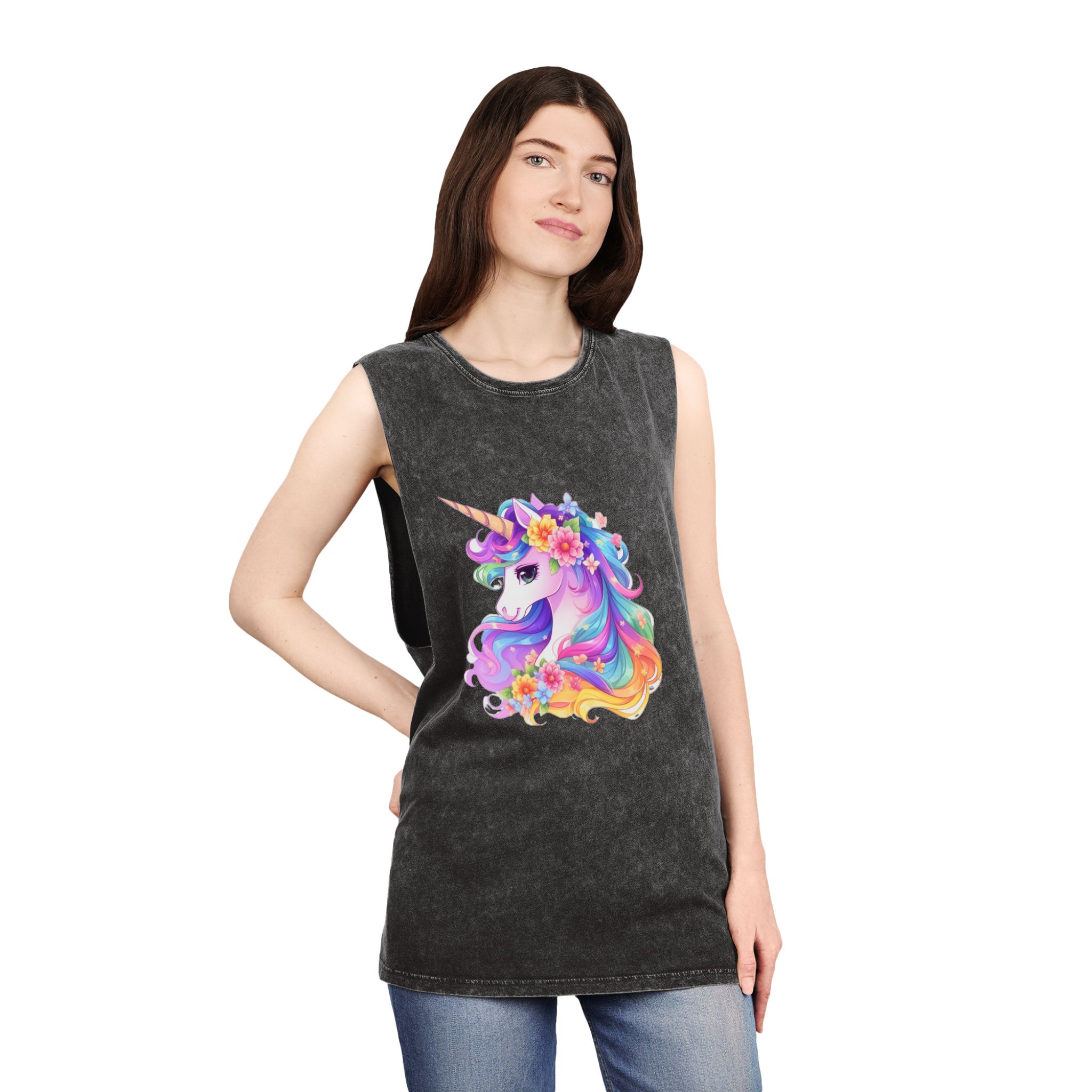 Cartoon Unicorn With Flower Crown Its Head Generative Ai Unisex Stonewash Tank Top - Image 4