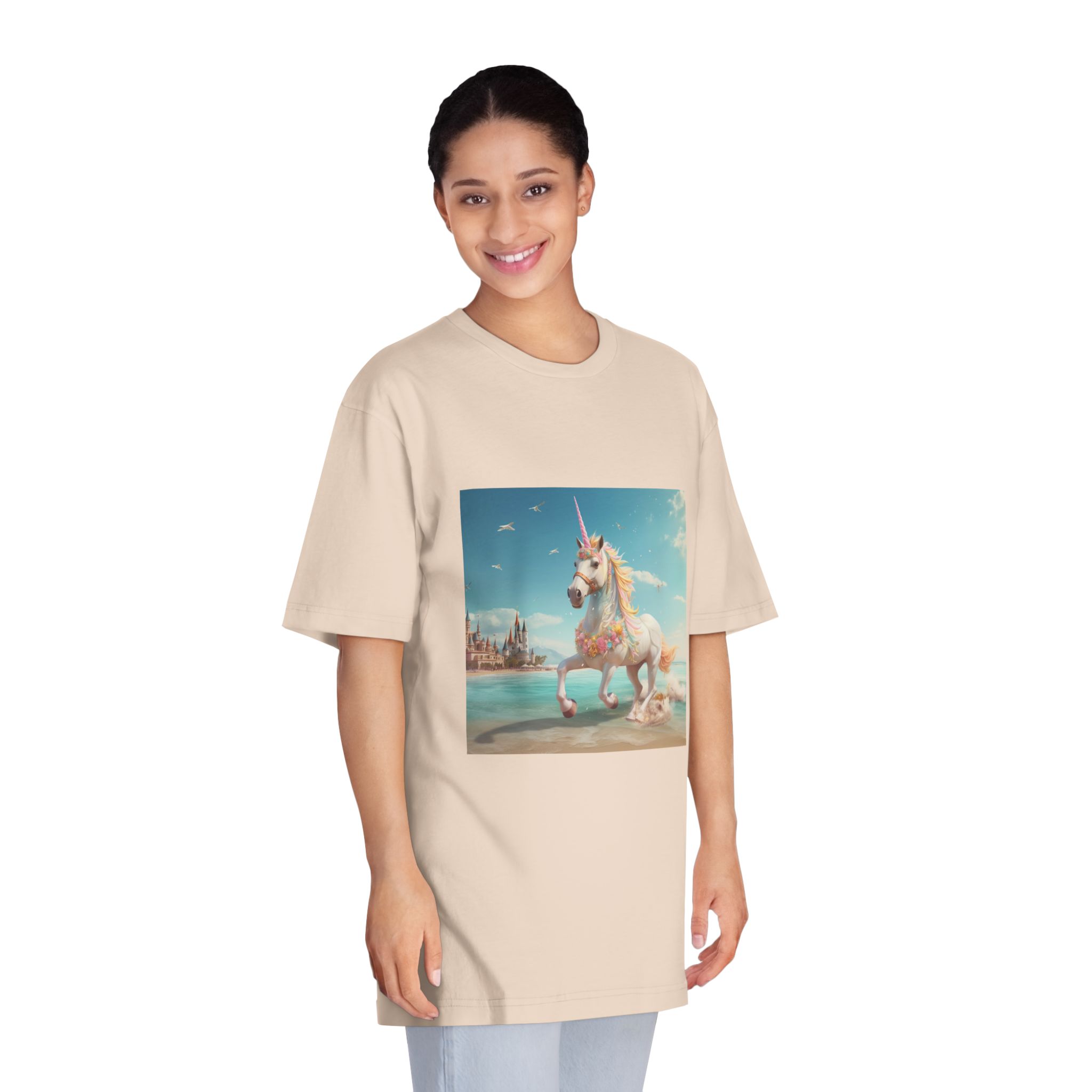 There Is Unicorn Running Beach With Castle Background Generative Ai Unisex Classic Crewneck T Shirt - Image 11