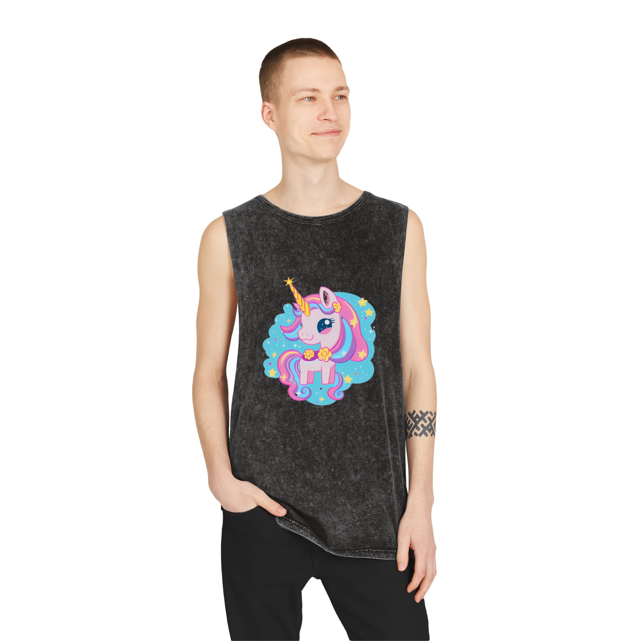 There Is Cartoon Unicorn With Bow Tie Stars Generative Ai Unisex Stonewash Tank Top - Image 3