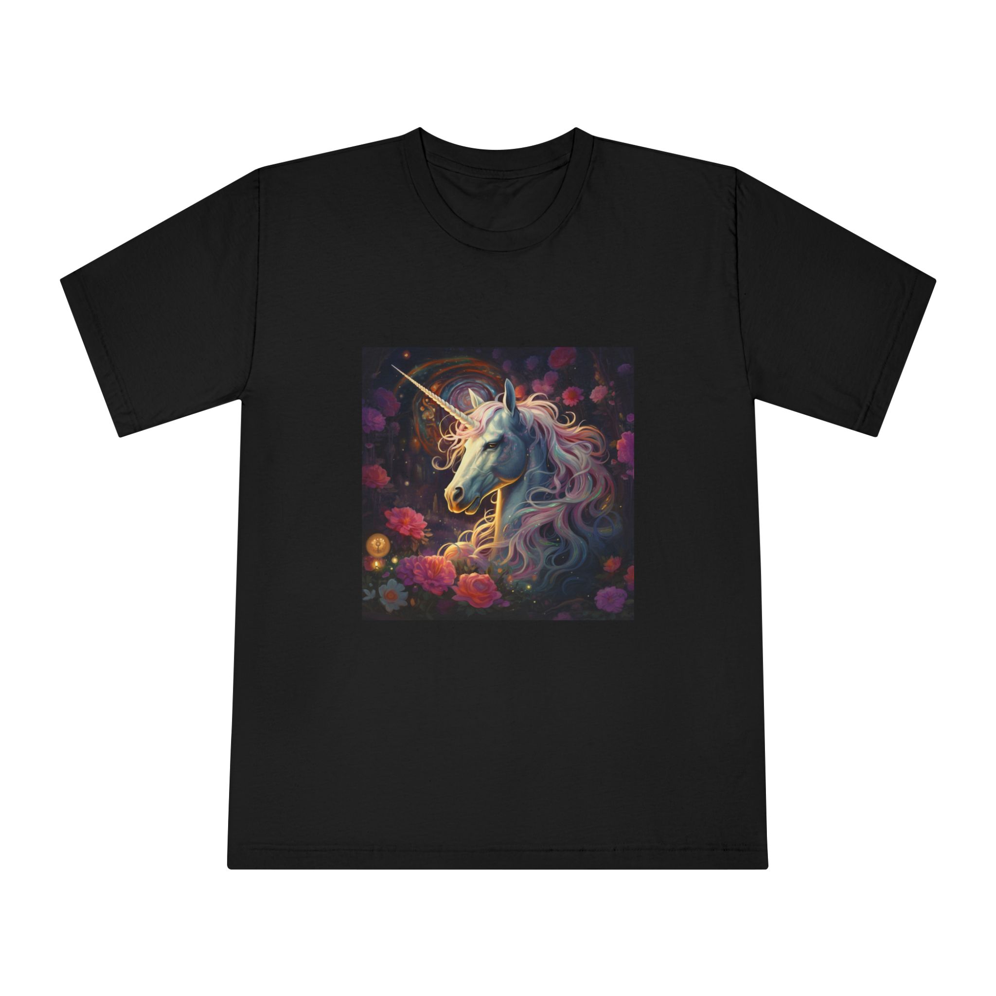 Unicorn With Long Mane Flowers Dark Forest Generative Ai Unisex Classic Crewneck T Shirt - Image 5