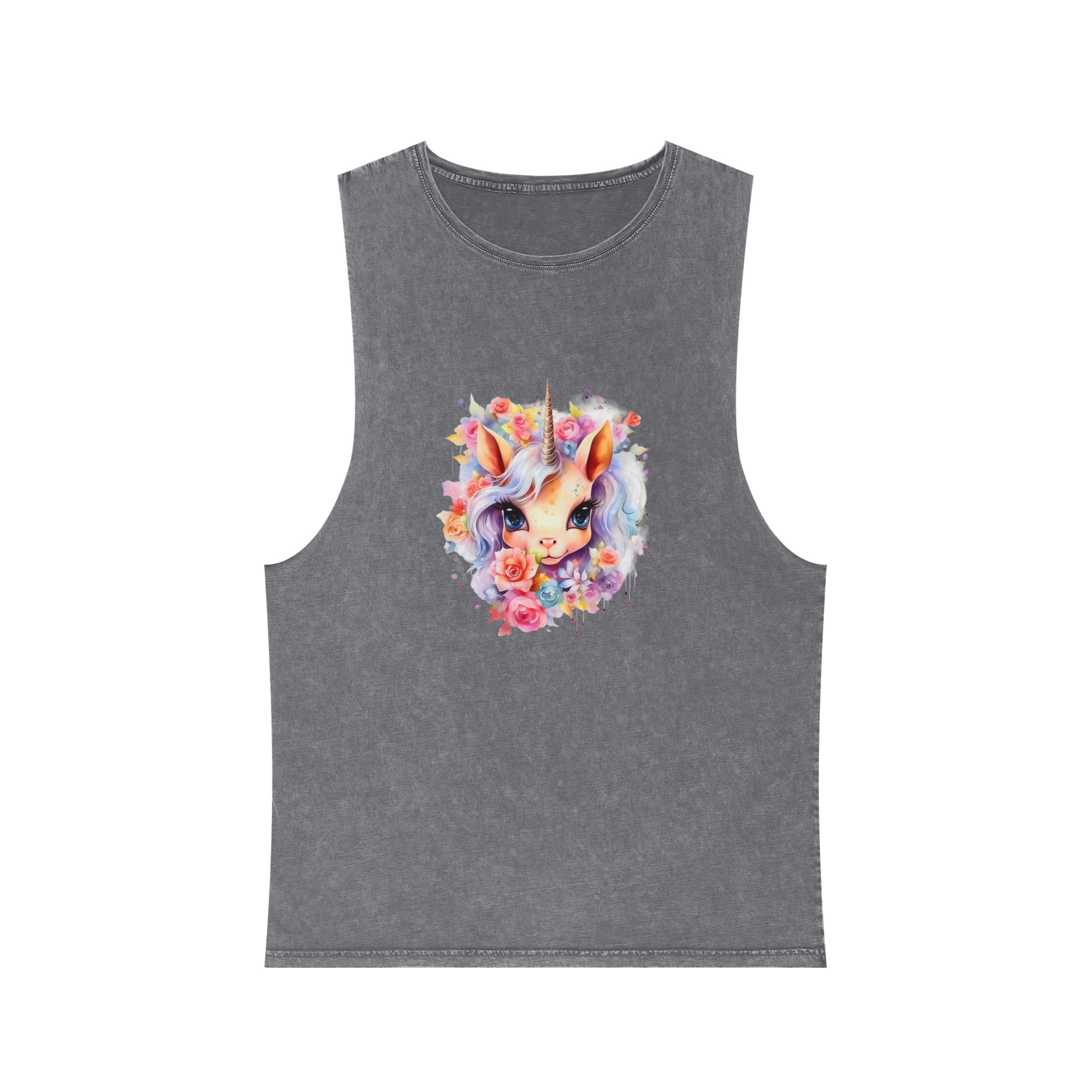 Cute Colorful Magic Unicorn With Flowers Watercolor Style (7) Unisex Stonewash Tank Top - Image 9