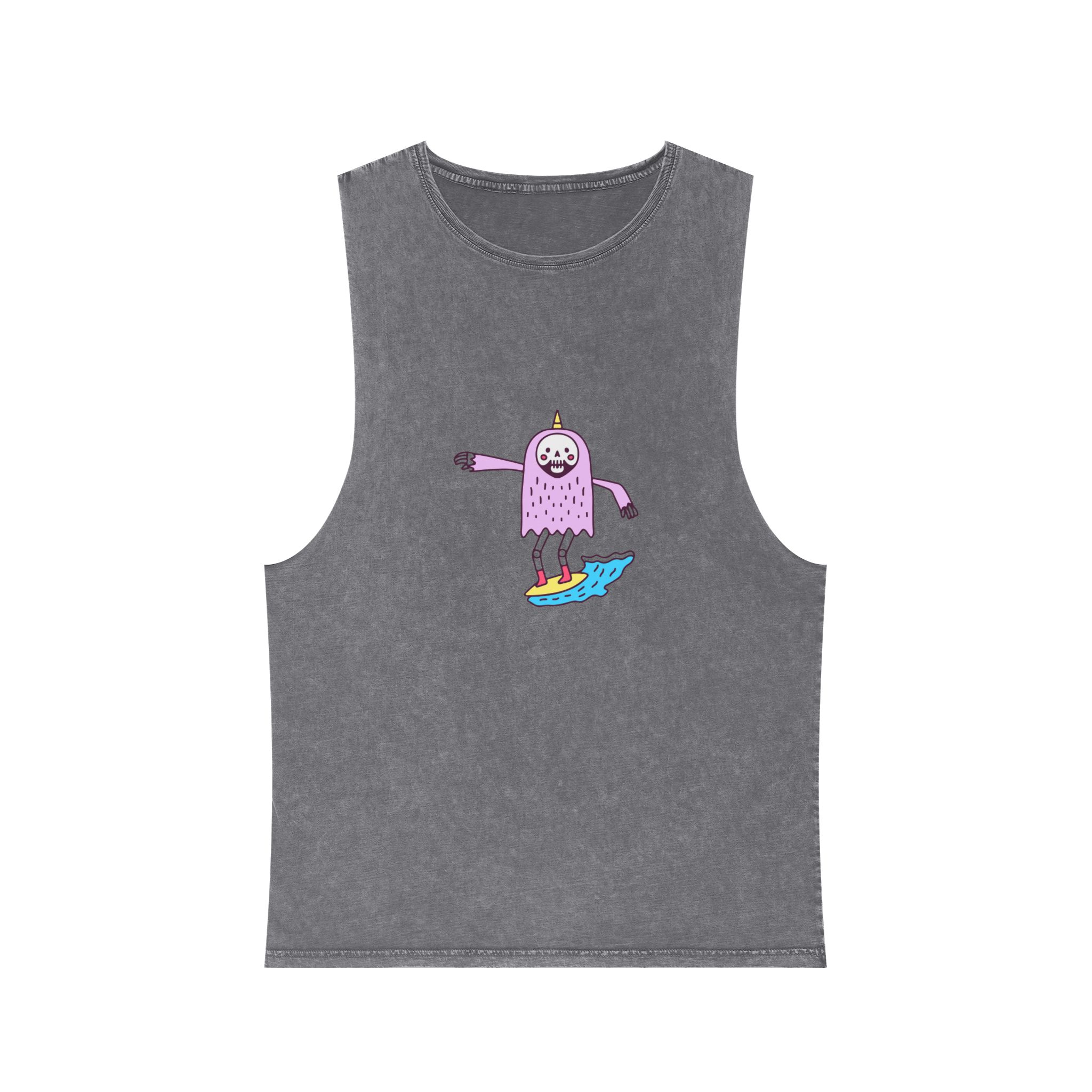 Cute Unicorn Grim Reaper Surfing Illustration T Shirt Sticker Apparel Merchandise Unisex Stonewash Tank Top - Image 9