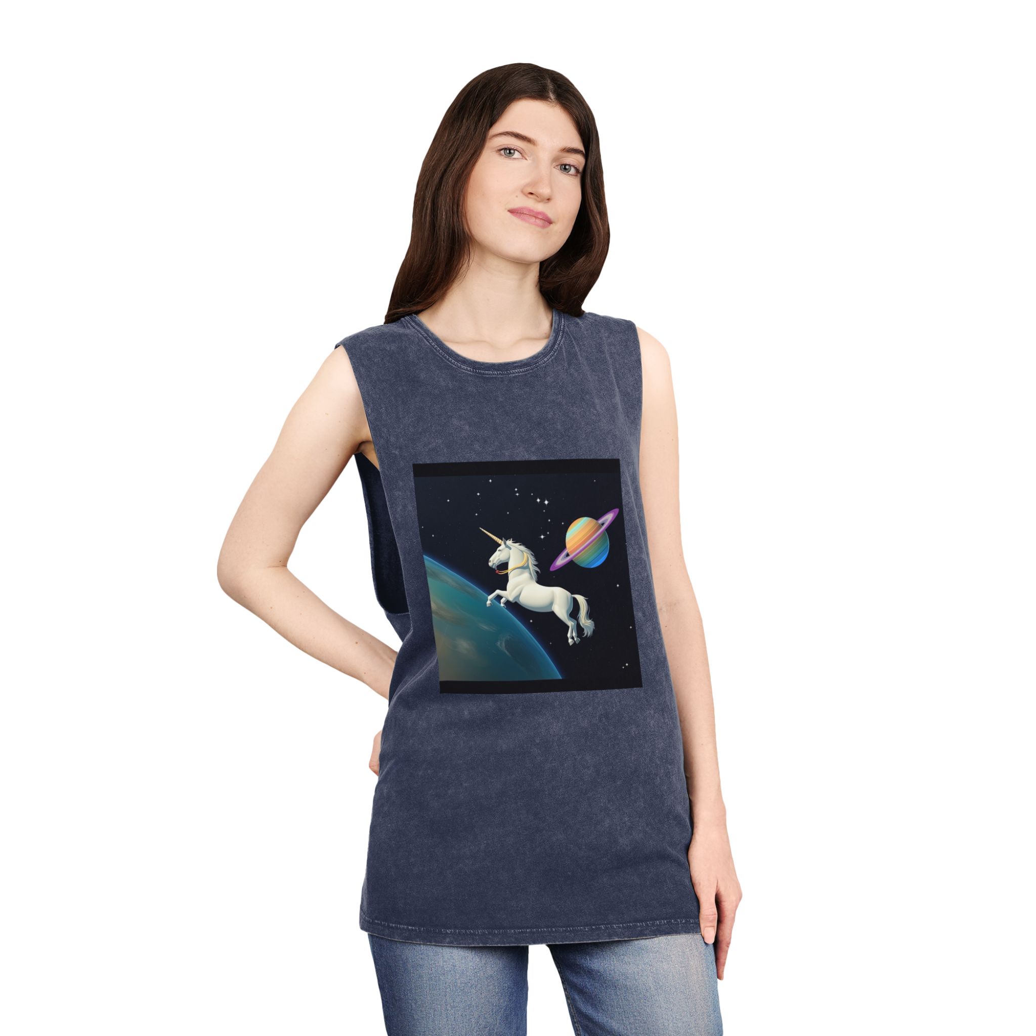 Picture White Unicorn With Rainbow It Unisex Stonewash Tank Top - Image 16