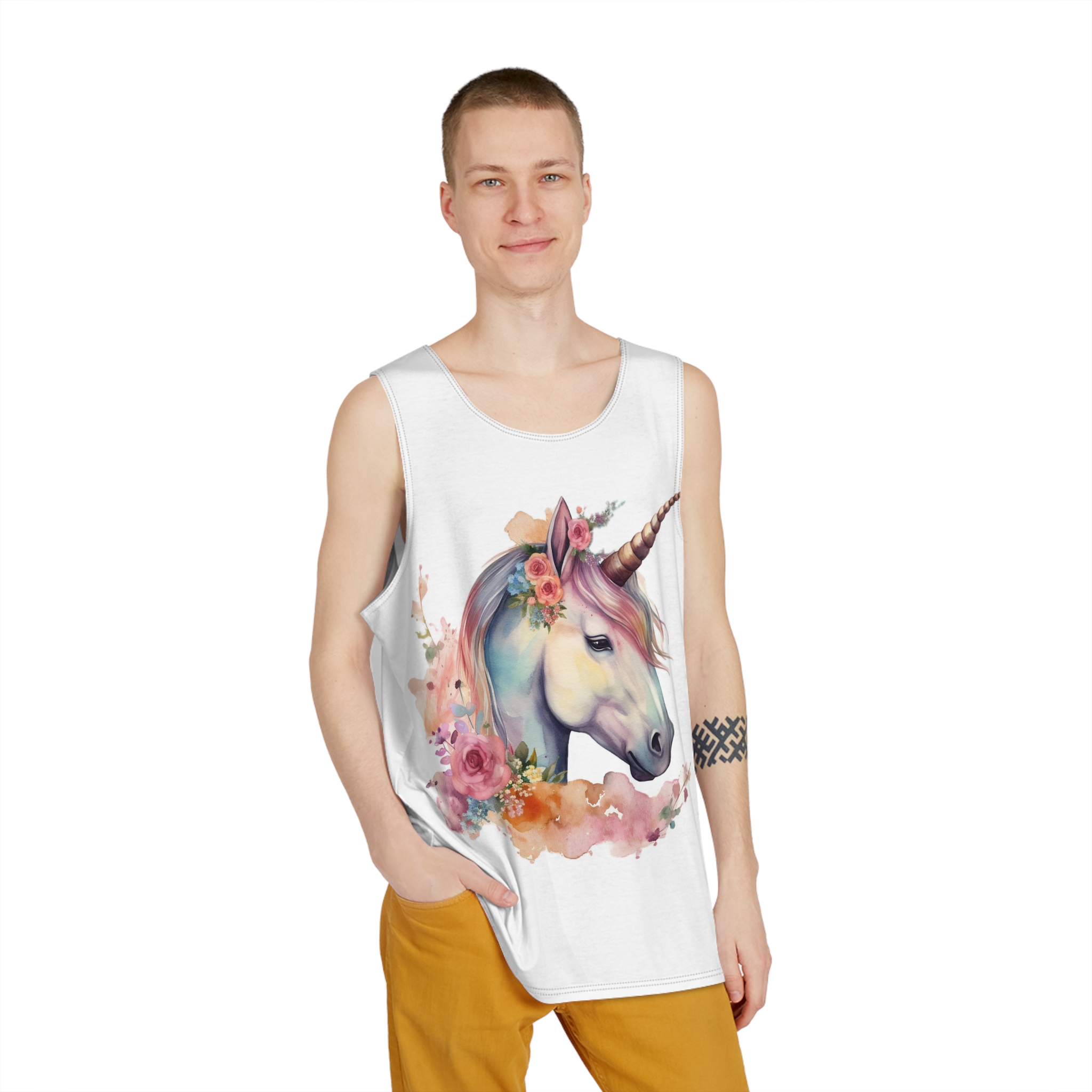 Unicorn With Pink Mane Flowers It Mens Tank Aop - Image 3