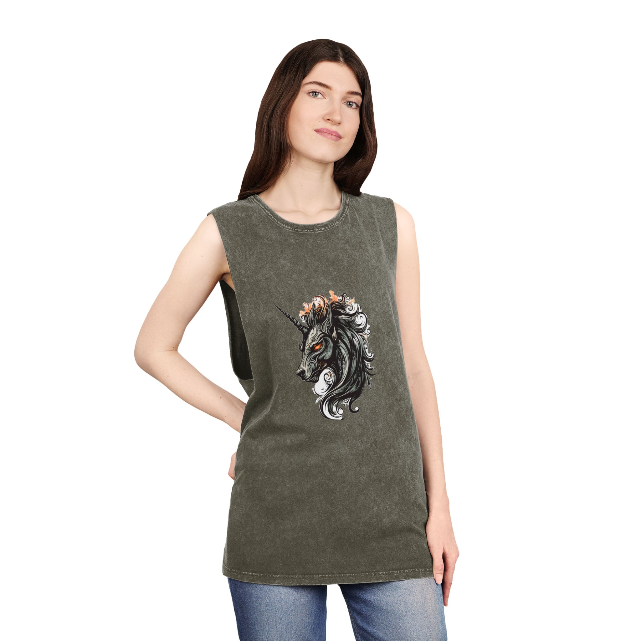 Unicorn Head Tshirt Tattoo Design Dark Art Illustration Isolated White Unisex Stonewash Tank Top - Image 8