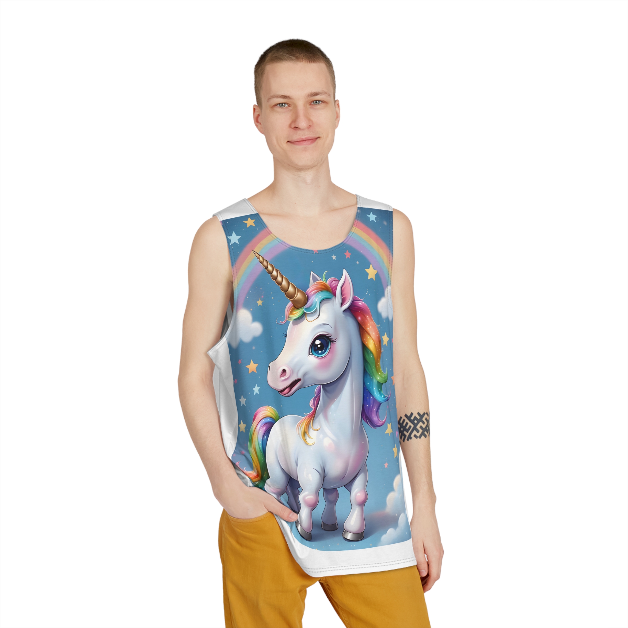 Happy Unicorn Background Sky Rainbow Copy Mens Tank Aop - Image 3