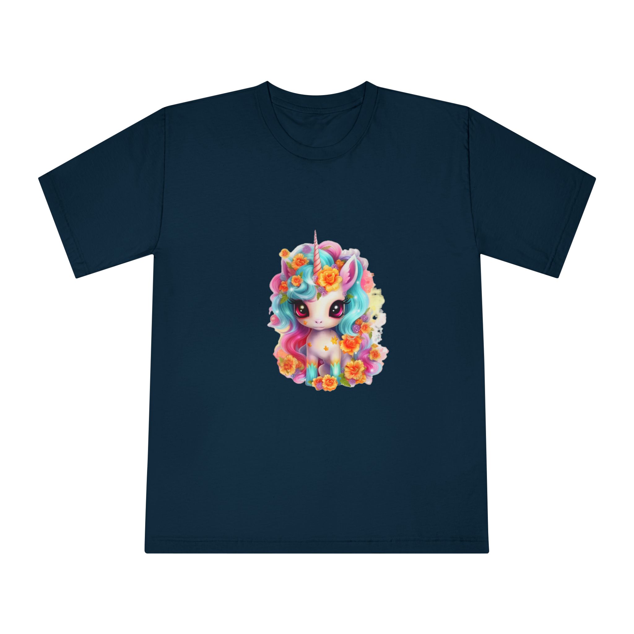 Illustration Unicorn Cartoon With Flower White Background Generative Ai (2) Unisex Classic Crewneck T Shirt - Image 17