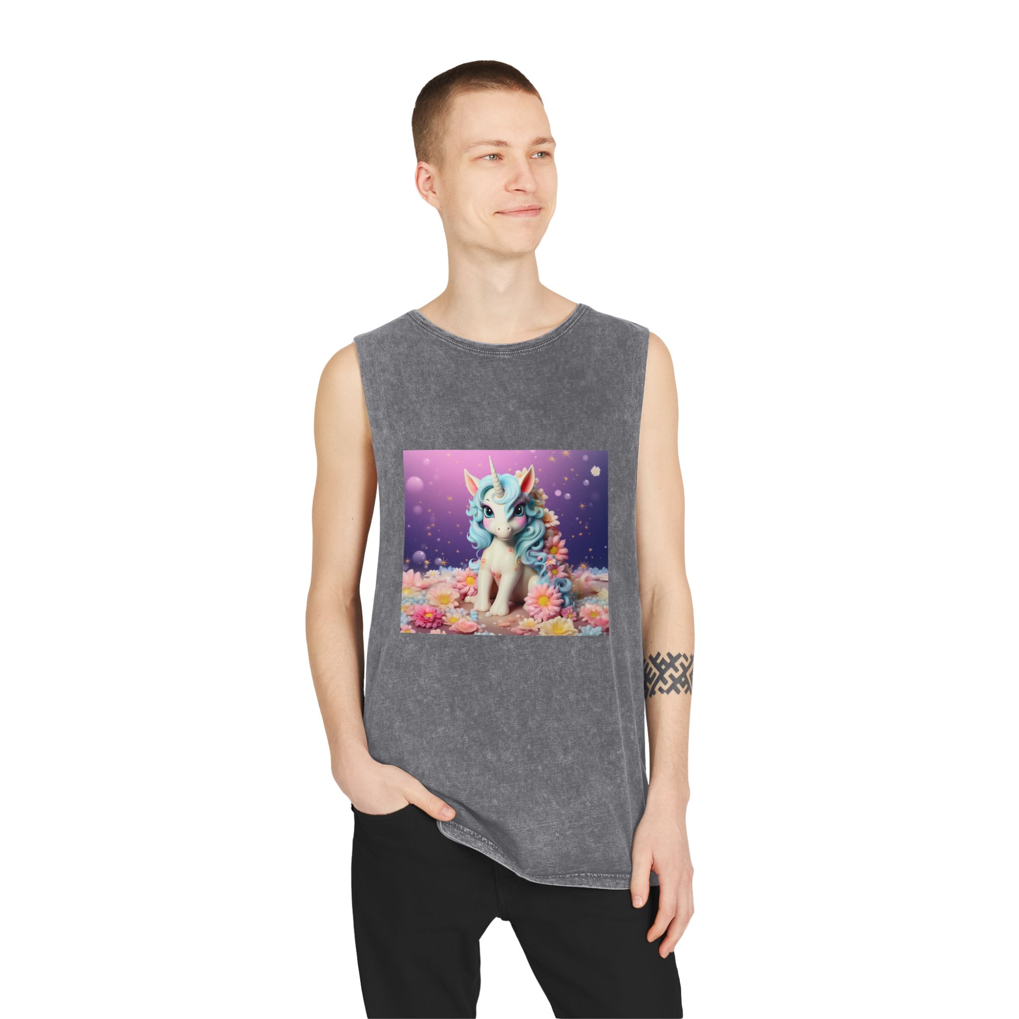 There Is White Unicorn With Blue Hair Flowers Table Generative Ai Unisex Stonewash Tank Top - Image 11