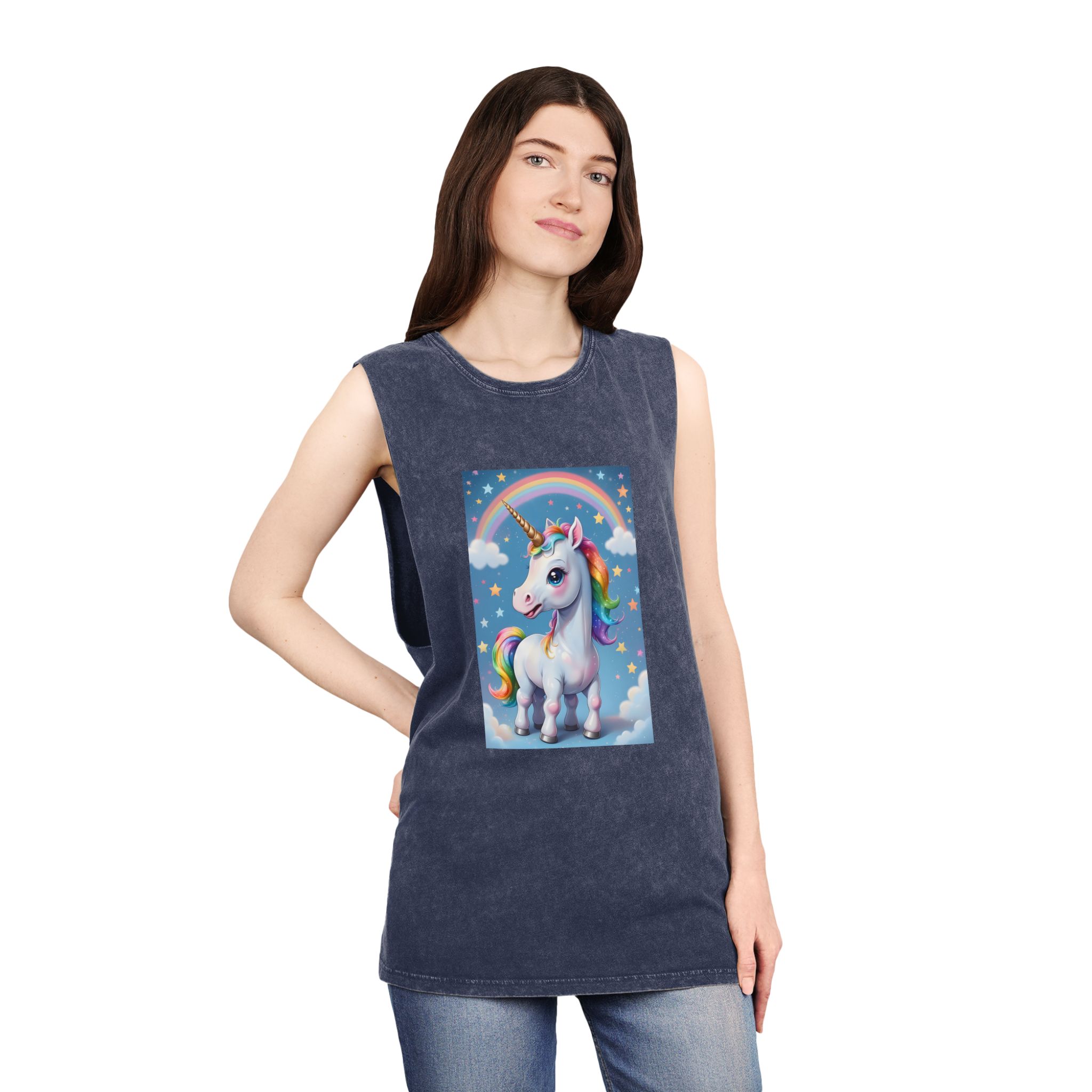 Happy Unicorn Background Sky Rainbow Copy Unisex Stonewash Tank Top - Image 16