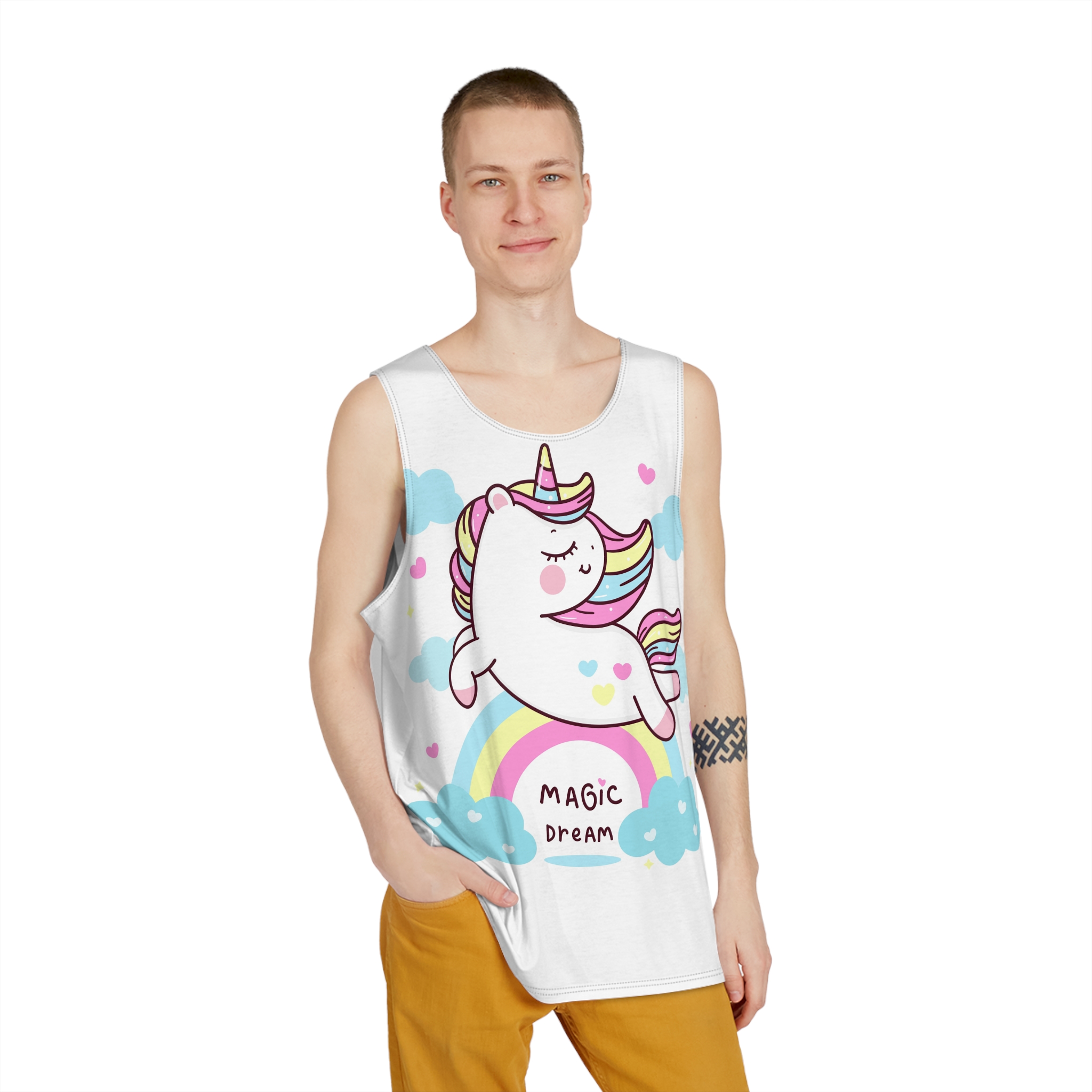 Cute Unicorn Pegasus Vector Fly On Sky With Rainbow Sweet Heart and Cloud Pony Cartoon Pastel Background Valentines Day Mens Tank Aop - Image 3