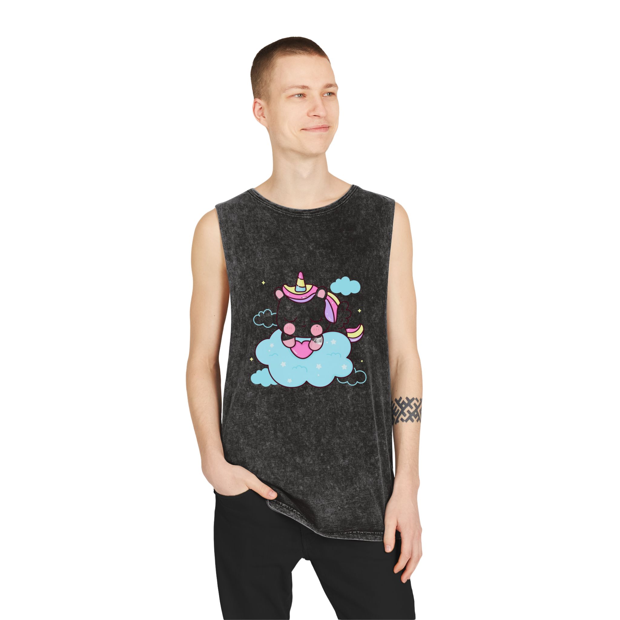 Cute Unicorn Pegasus Cartoon Sleep Holding Heart Cloud Kawaii Animal Unisex Stonewash Tank Top - Image 3