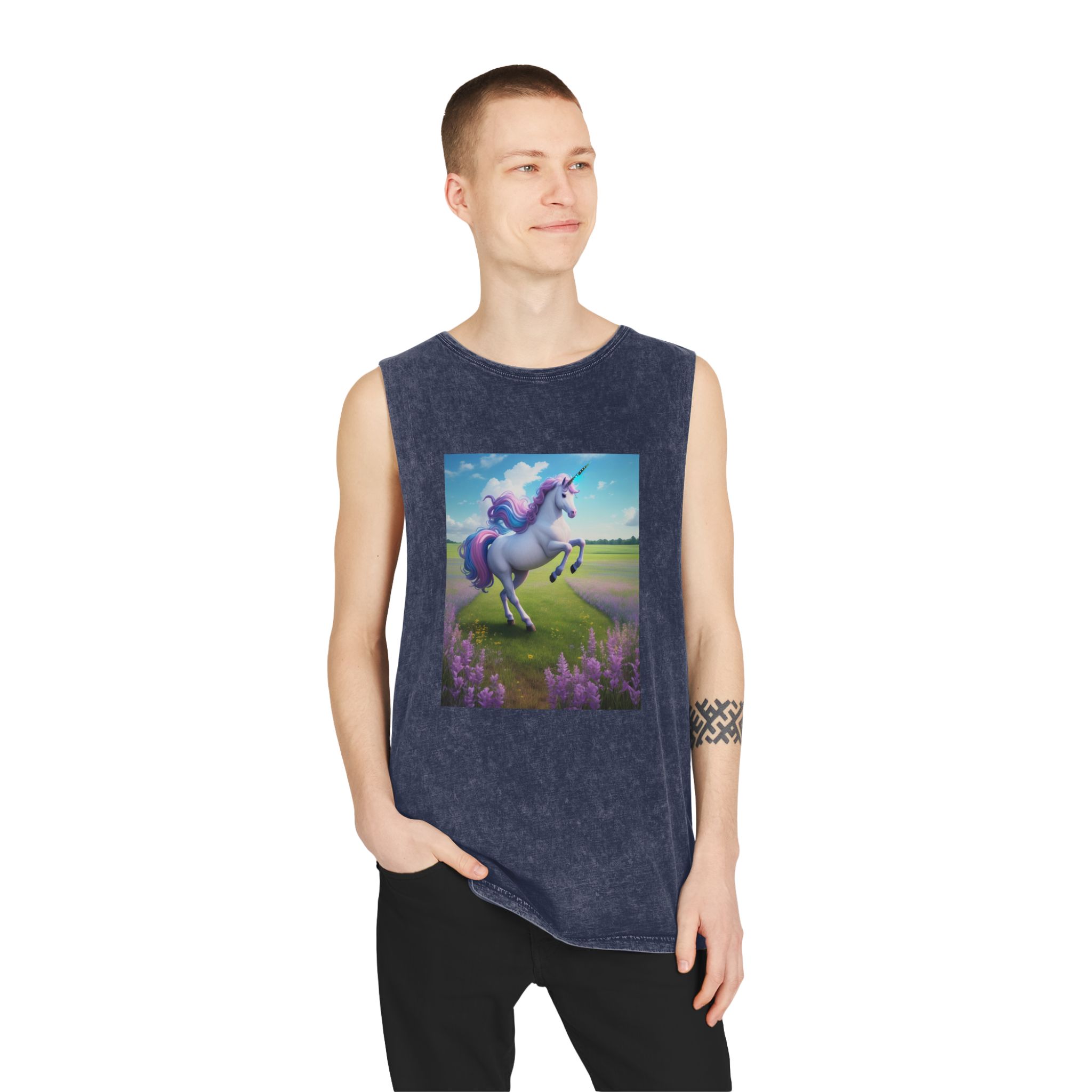 Beautiful Unicorn Running Magical Meadow Unicorn Background Images Whimsical Unicorn (24) Unisex Stonewash Tank Top - Image 15