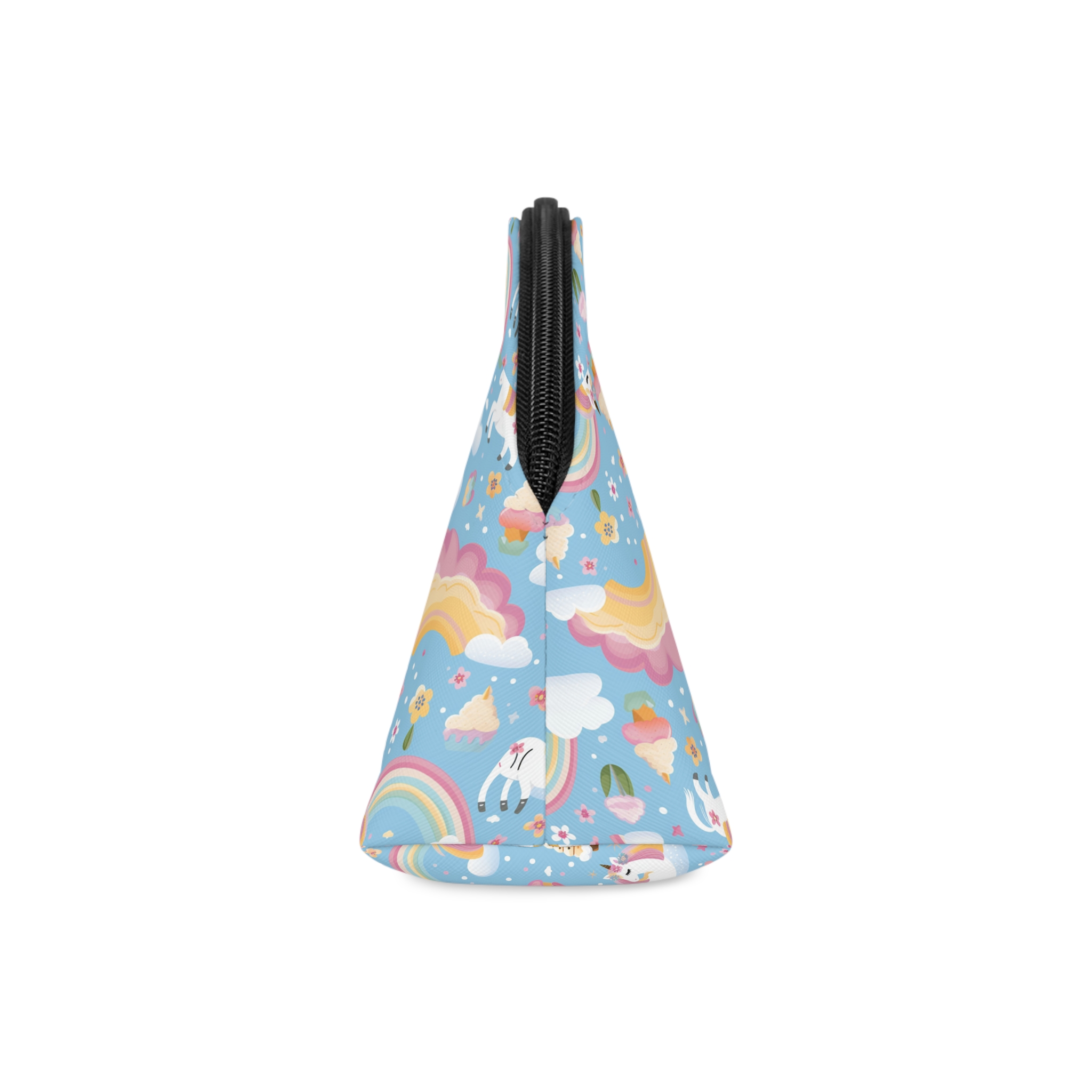 Playful Unicorns Flowers Clouds Rainbows Ice Creams Pastel Background (4) Makeup Bag - Image 4