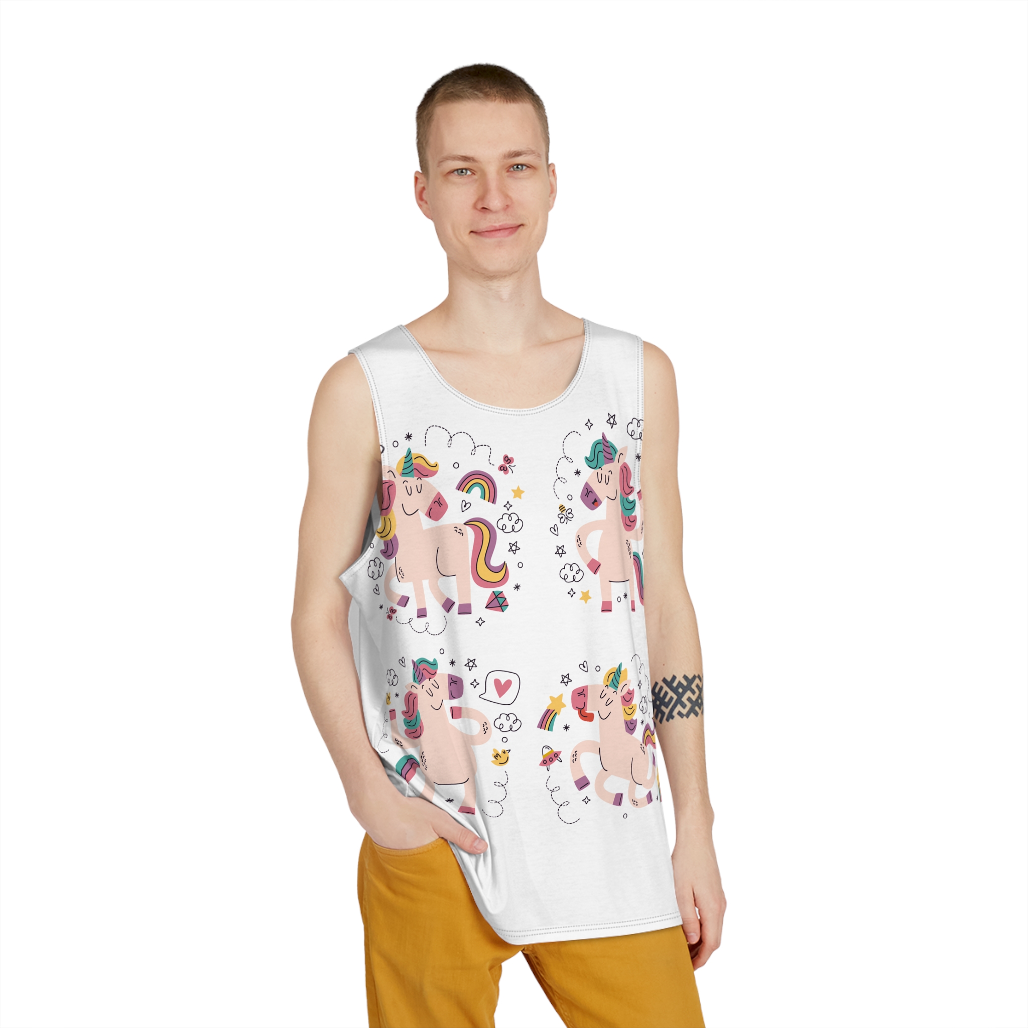 Doodle Hand Drawn Unicorn Stickers Mens Tank Aop - Image 3
