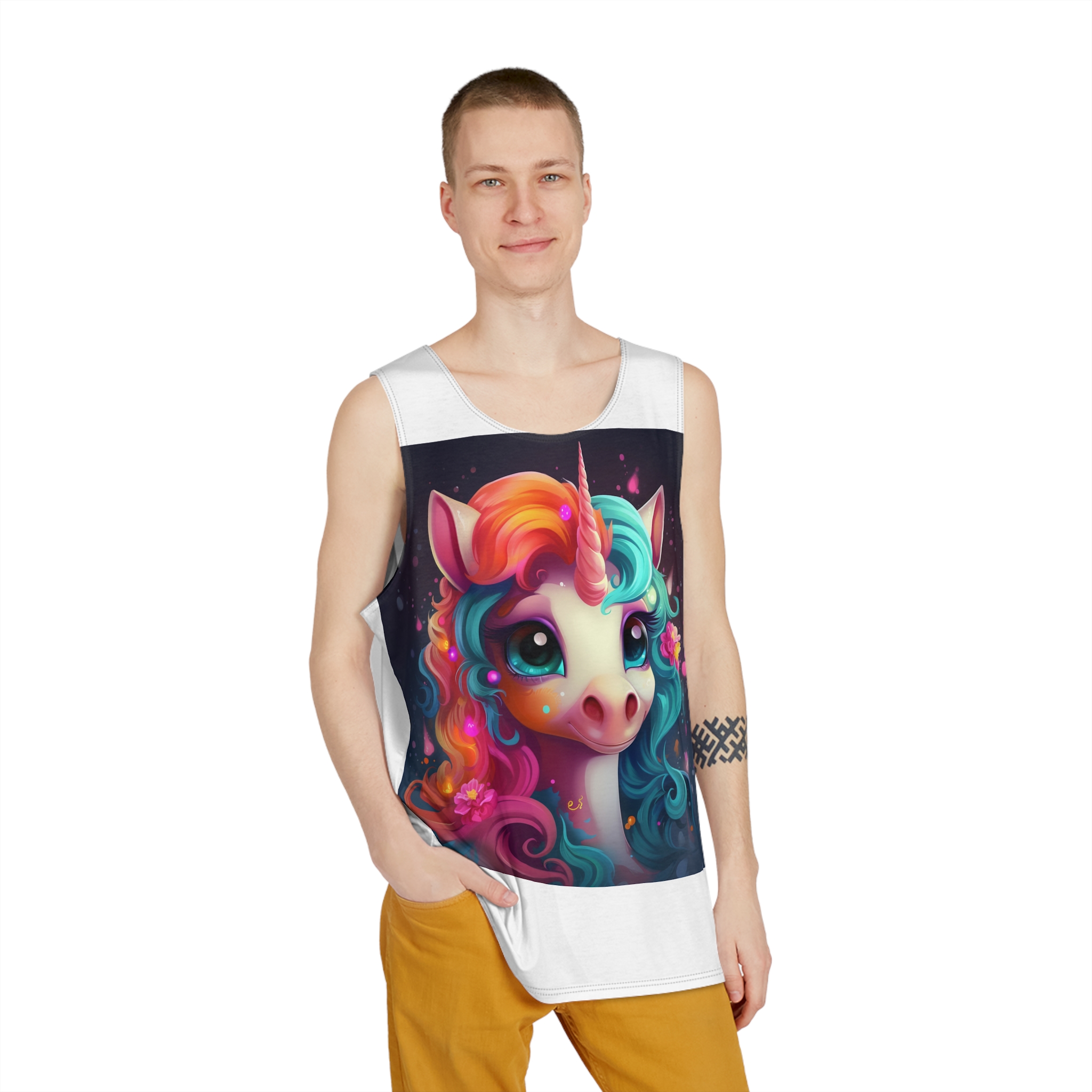 There Is Cartoon Unicorn With Long Mane Colorful Hair Generative Ai Mens Tank Aop - Image 3