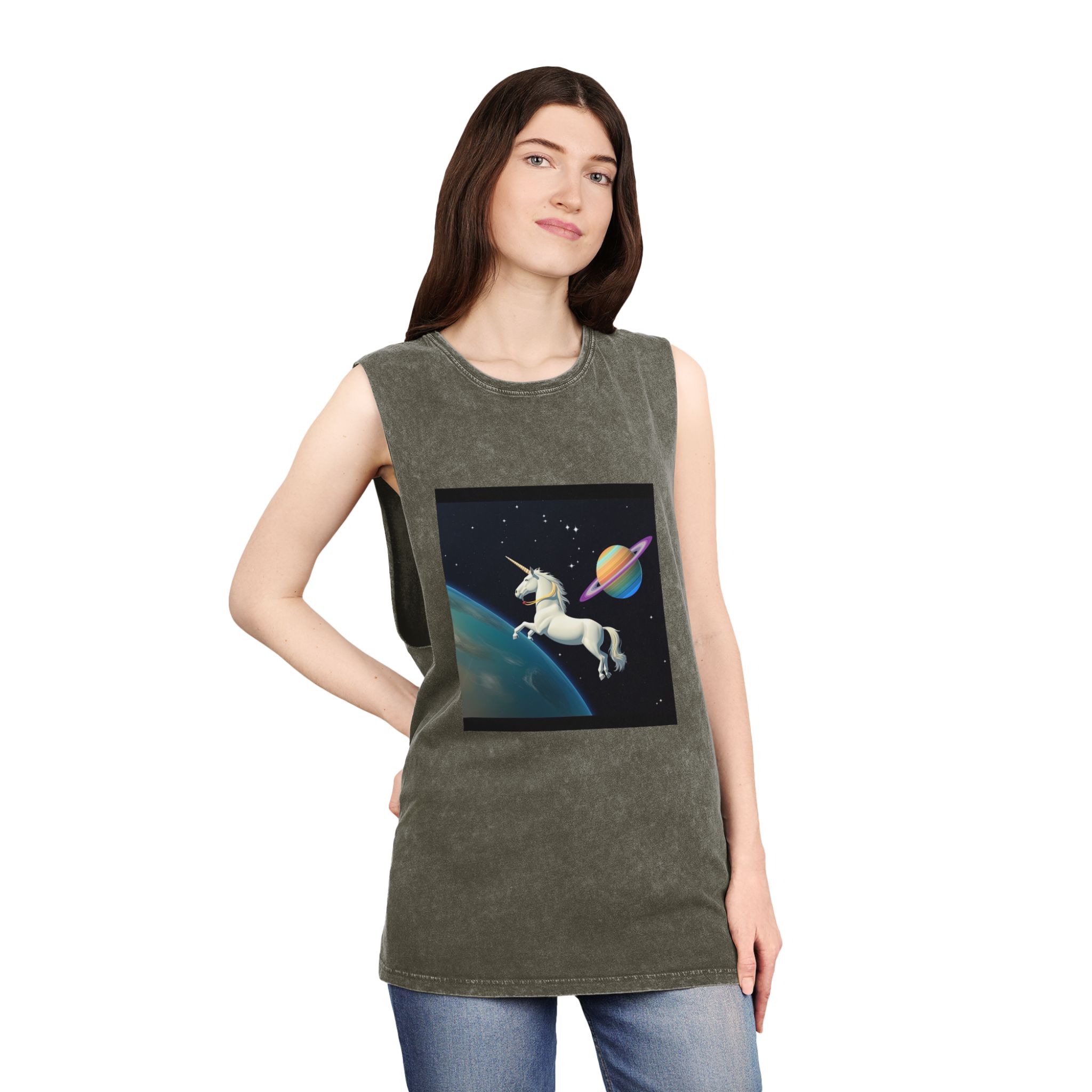 Picture White Unicorn With Rainbow It Unisex Stonewash Tank Top - Image 8
