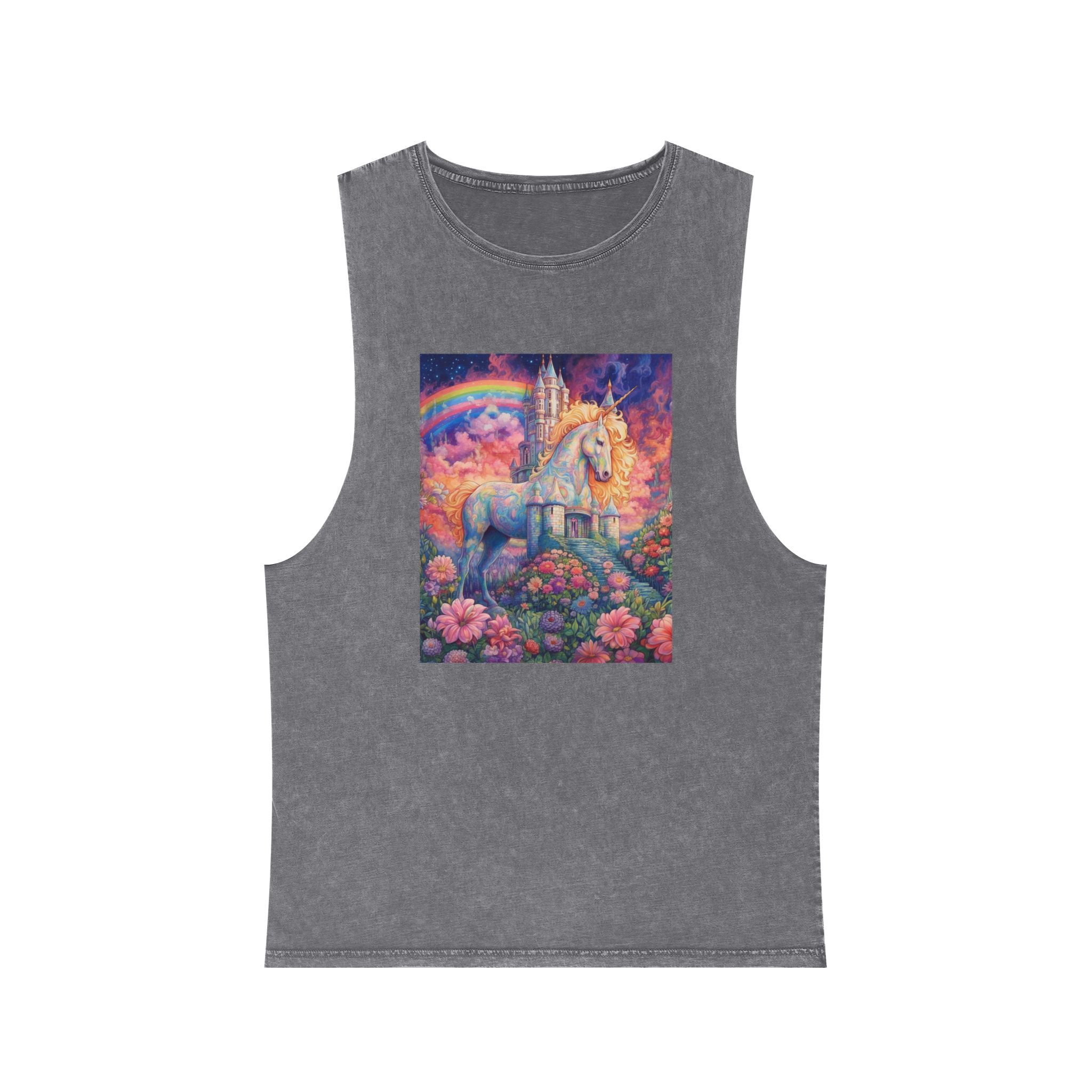 Painting Unicorn Field Flowers With Castle Background Generative Ai Unisex Stonewash Tank Top - Image 9