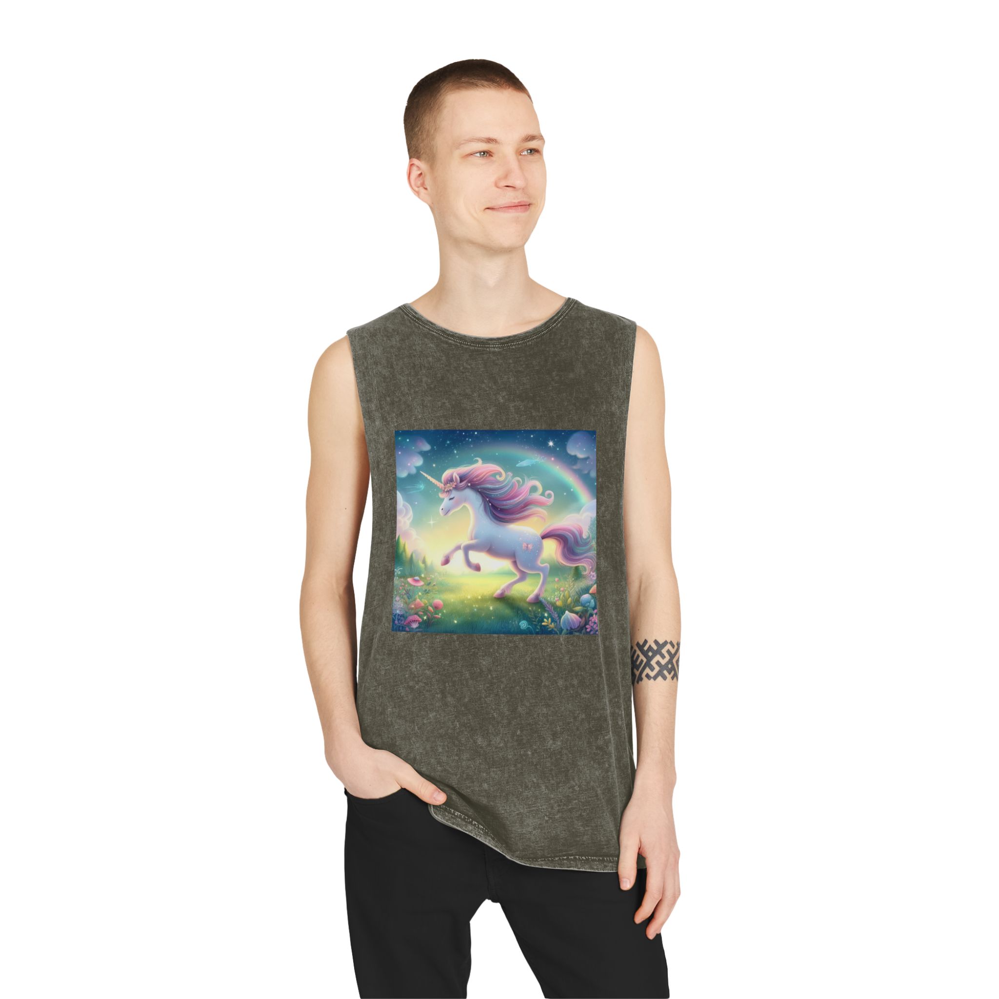 Beautiful Unicorn Running Magical Meadow Unicorn Background Images Whimsical Unicorn (21) Unisex Stonewash Tank Top - Image 7
